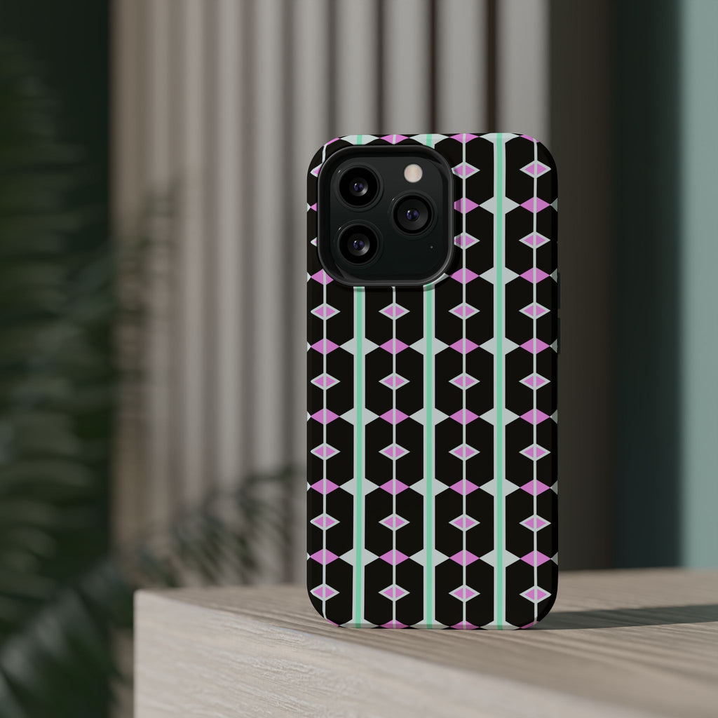 Geom Stripe Magnetic Phone Case — Black with Mint & Lavender Pattern