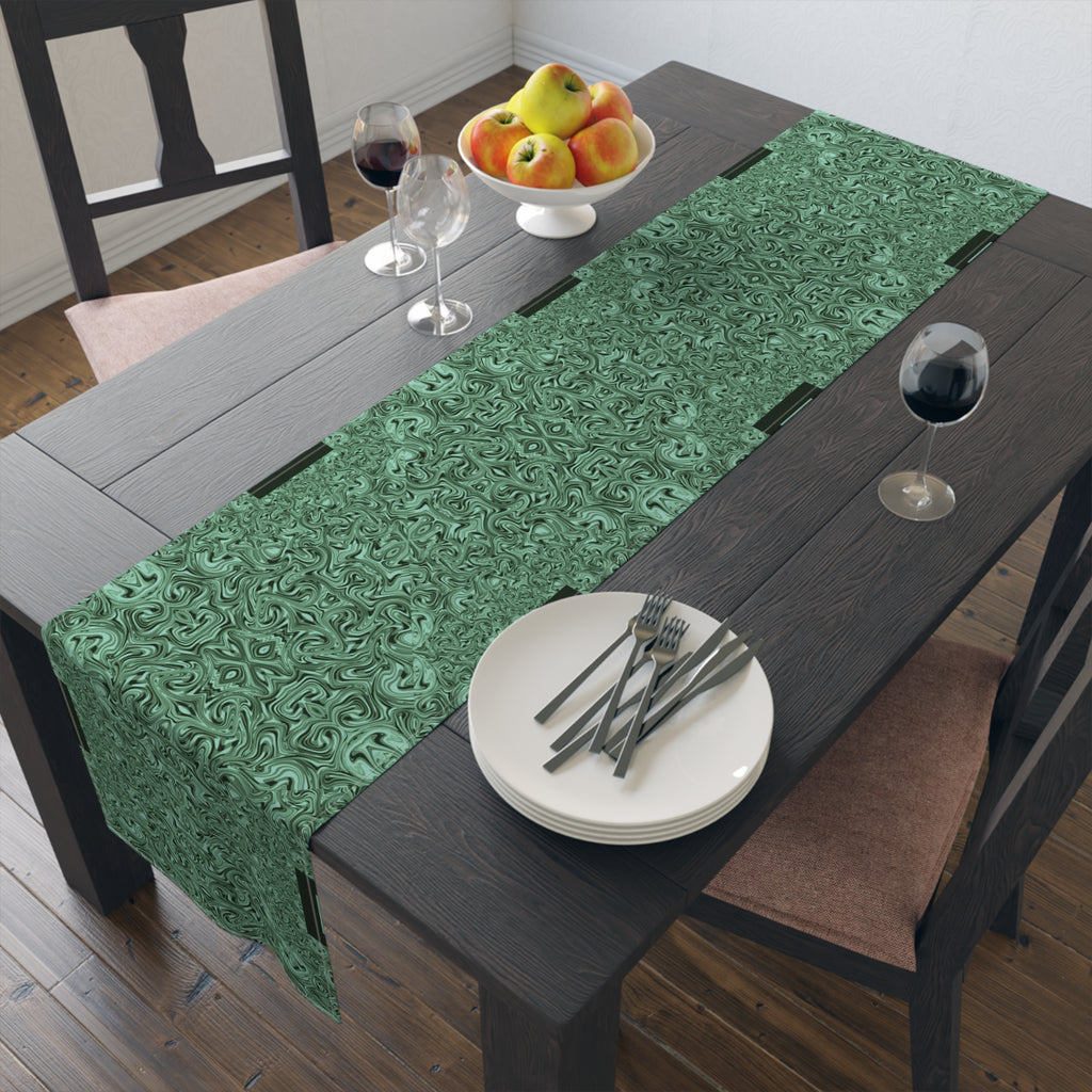 Emerald Marble Table Runner — Green Swirl Cotton-Poly Dining Decor