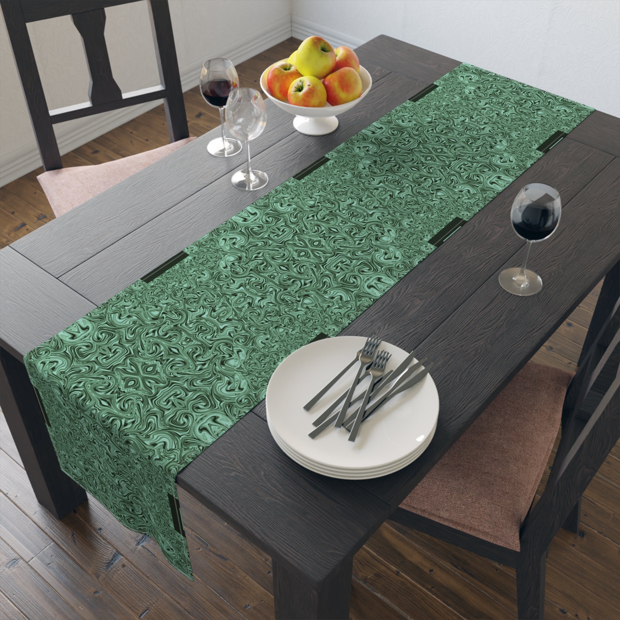 Emerald Marble Table Runner — Green Swirl Cotton-Poly Dining Decor