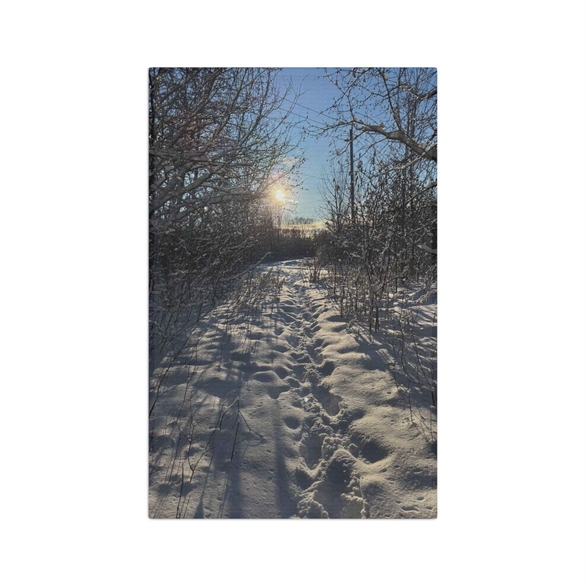 Snowy Path Microfiber Tea Towel — Winter Sun Landscape Kitchen Towel