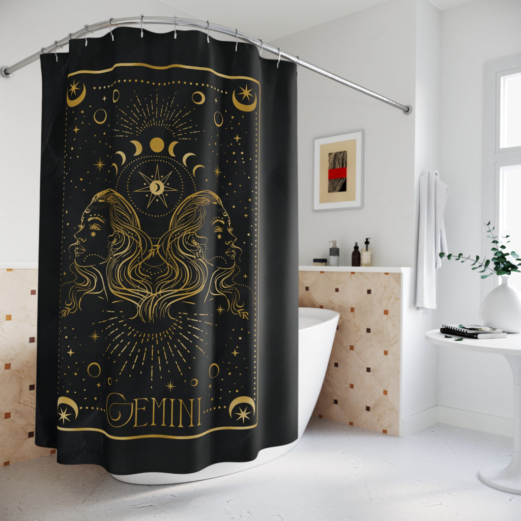 Gemini Zodiac Shower Curtain — Gold Celestial Horoscope Bathroom Decor