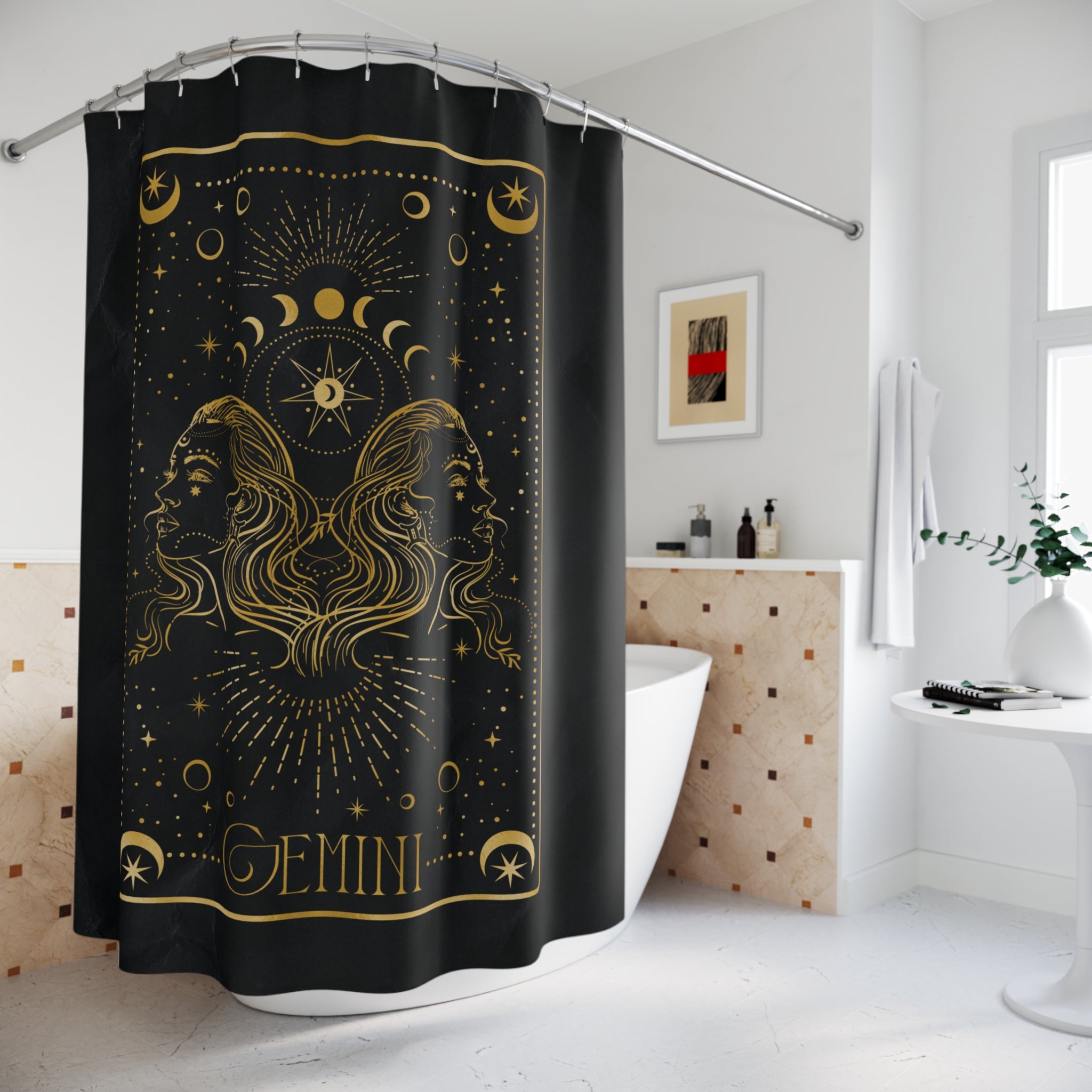 Gemini Zodiac Shower Curtain — Gold Celestial Horoscope Bathroom Decor