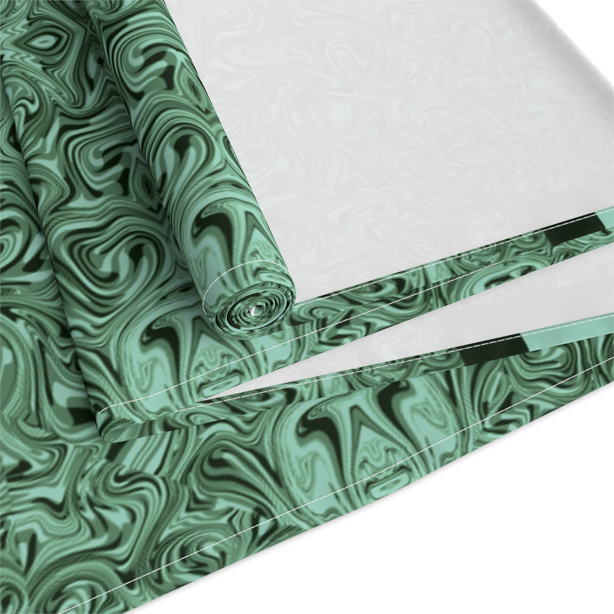 Emerald Marble Table Runner — Green Swirl Cotton-Poly Dining Decor