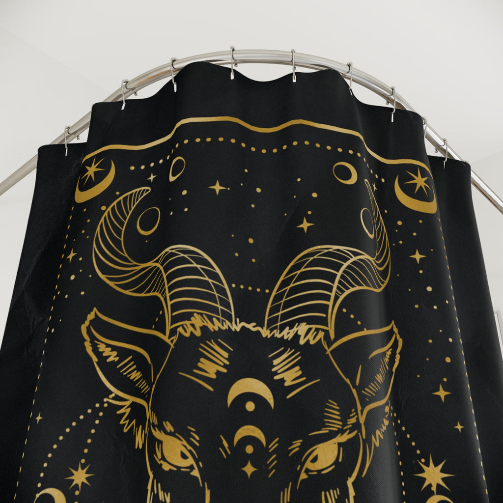Capricorn Zodiac Shower Curtain — Gold Mystic Goat Astrological Bathroom Decor