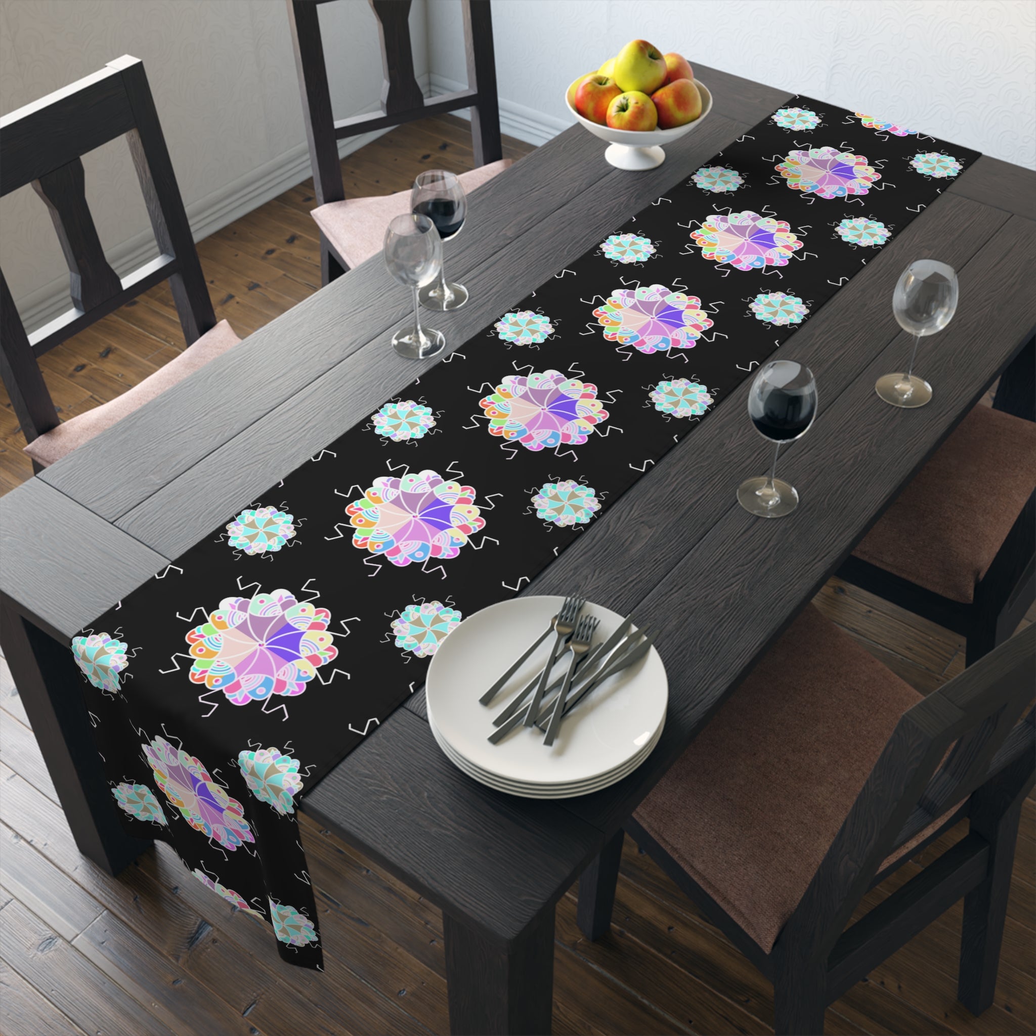 Black Floral Mandala Table Runner – Pastel Mosaic Dinner Party Decor