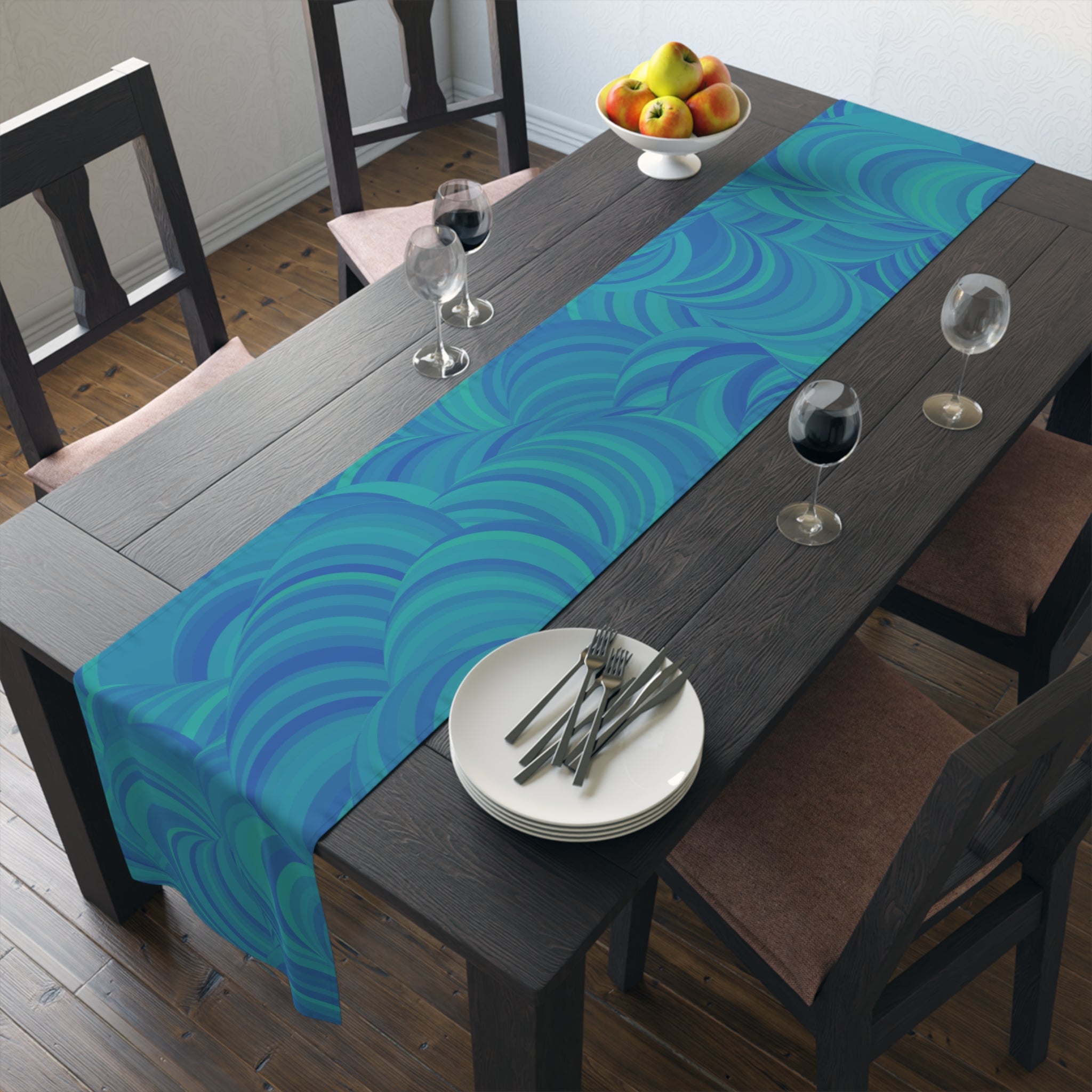 Blue Teal Swirl Table Runner — Abstract Coastal Pattern for Dining & Entertaining