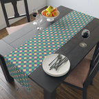 Diamond Check Table Runner — Retro Teal & Mustard Geometric Dining Decor