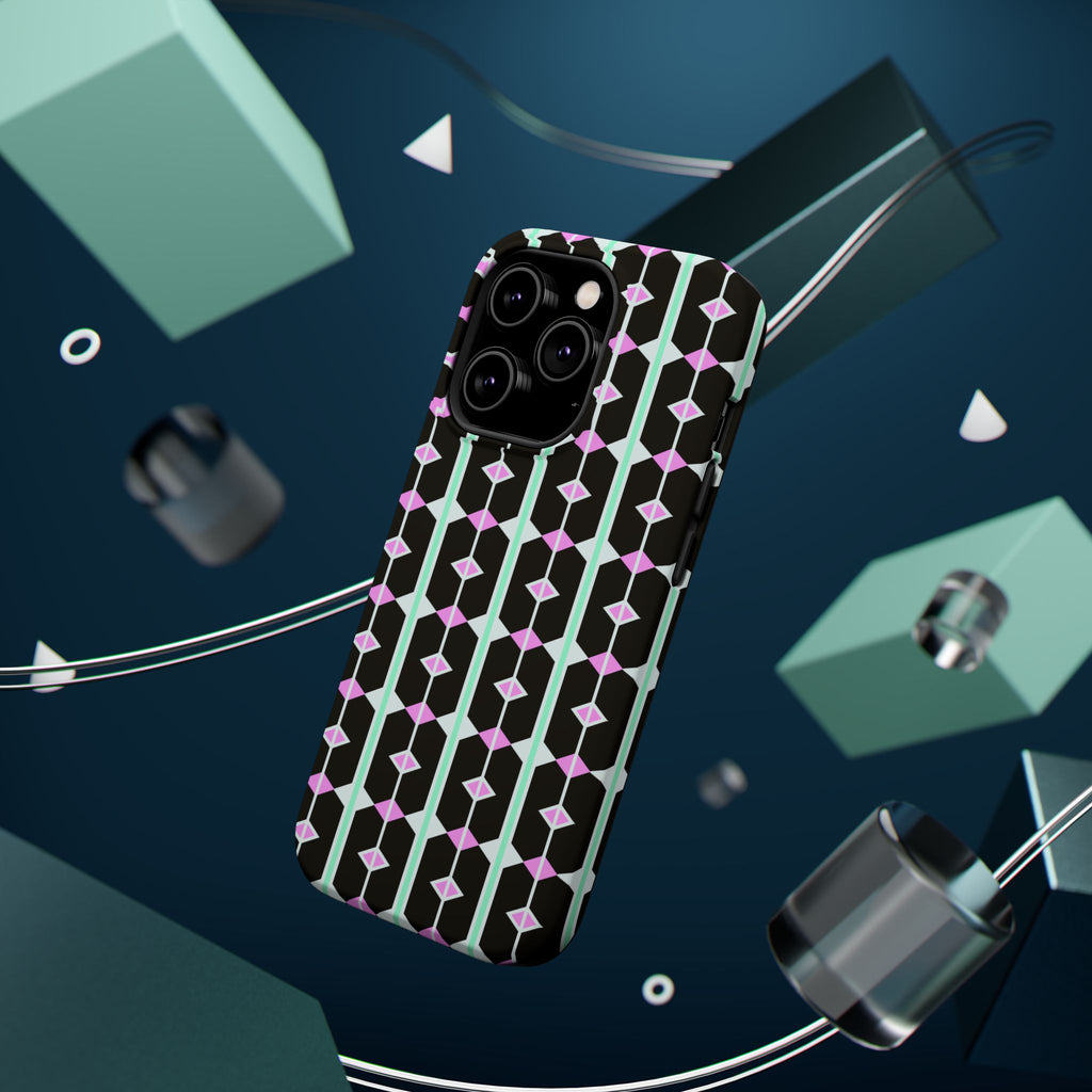 Geom Stripe Magnetic Phone Case — Black with Mint & Lavender Pattern