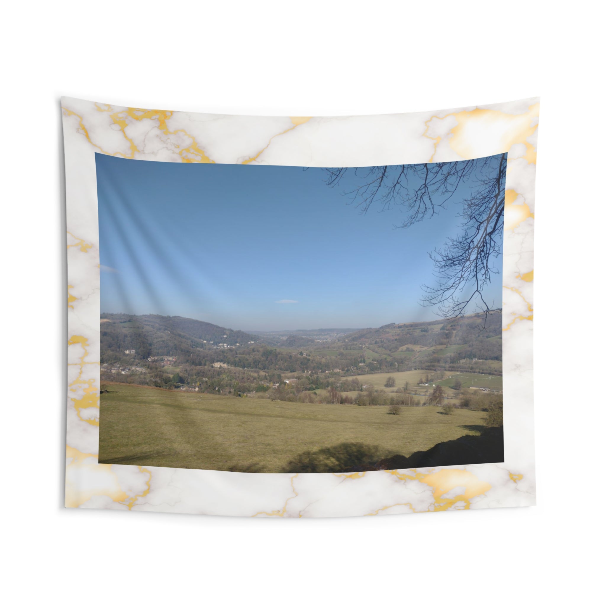 Scenic Valley in the United Kingdom Wall Tapestry — Marble Border Landscape Decor