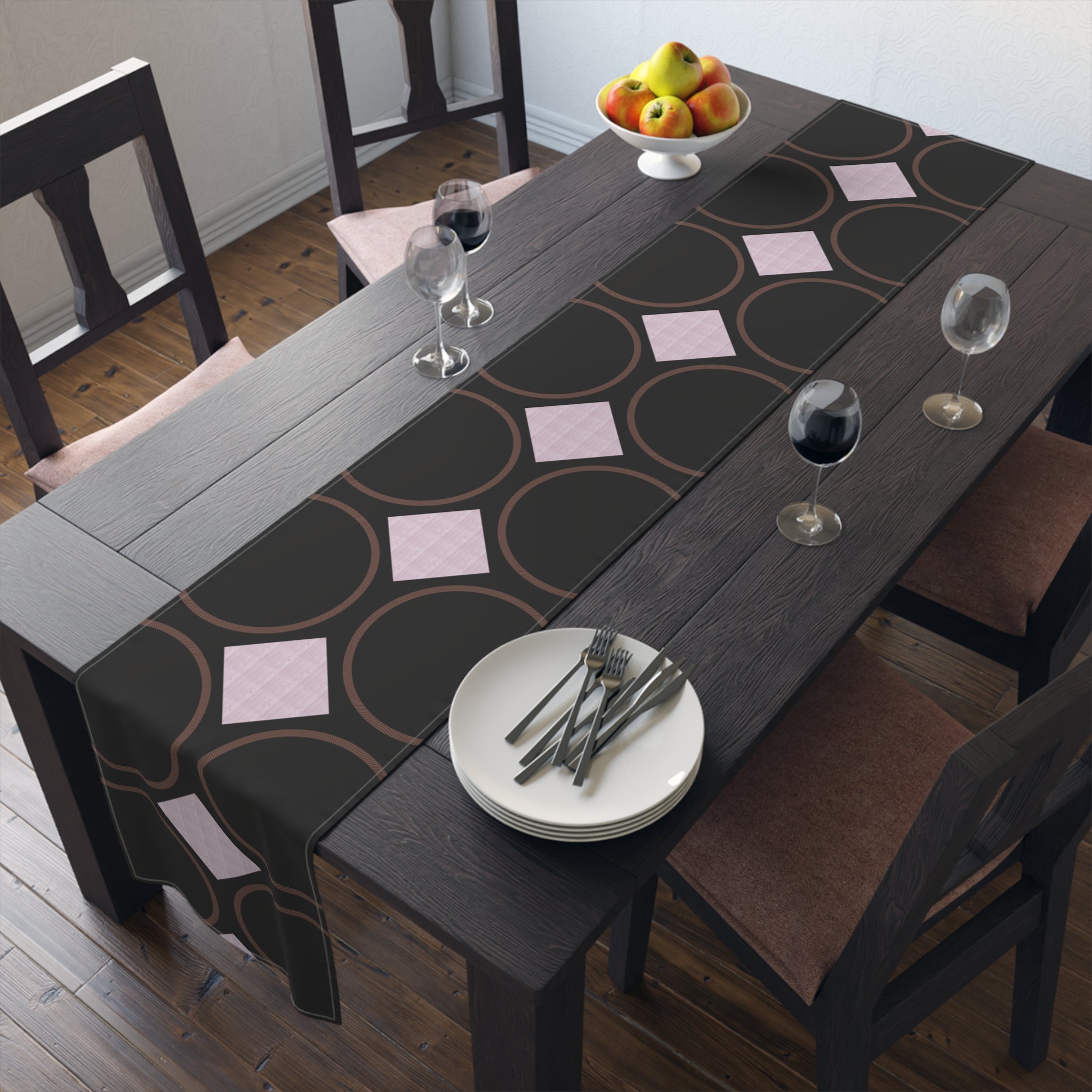 Modern Geo Circle Table Runner — Black & Blush Retro Pattern