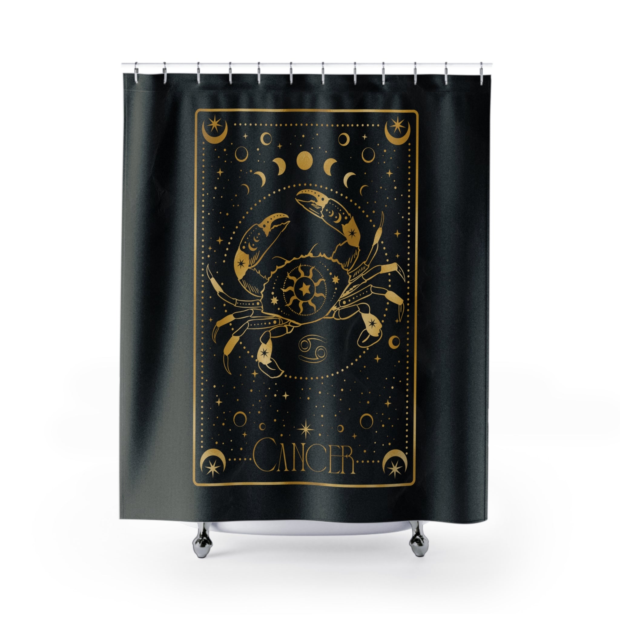 Cancer Zodiac Shower Curtain — Gold Celestial Crab Astrology Bathroom Decor