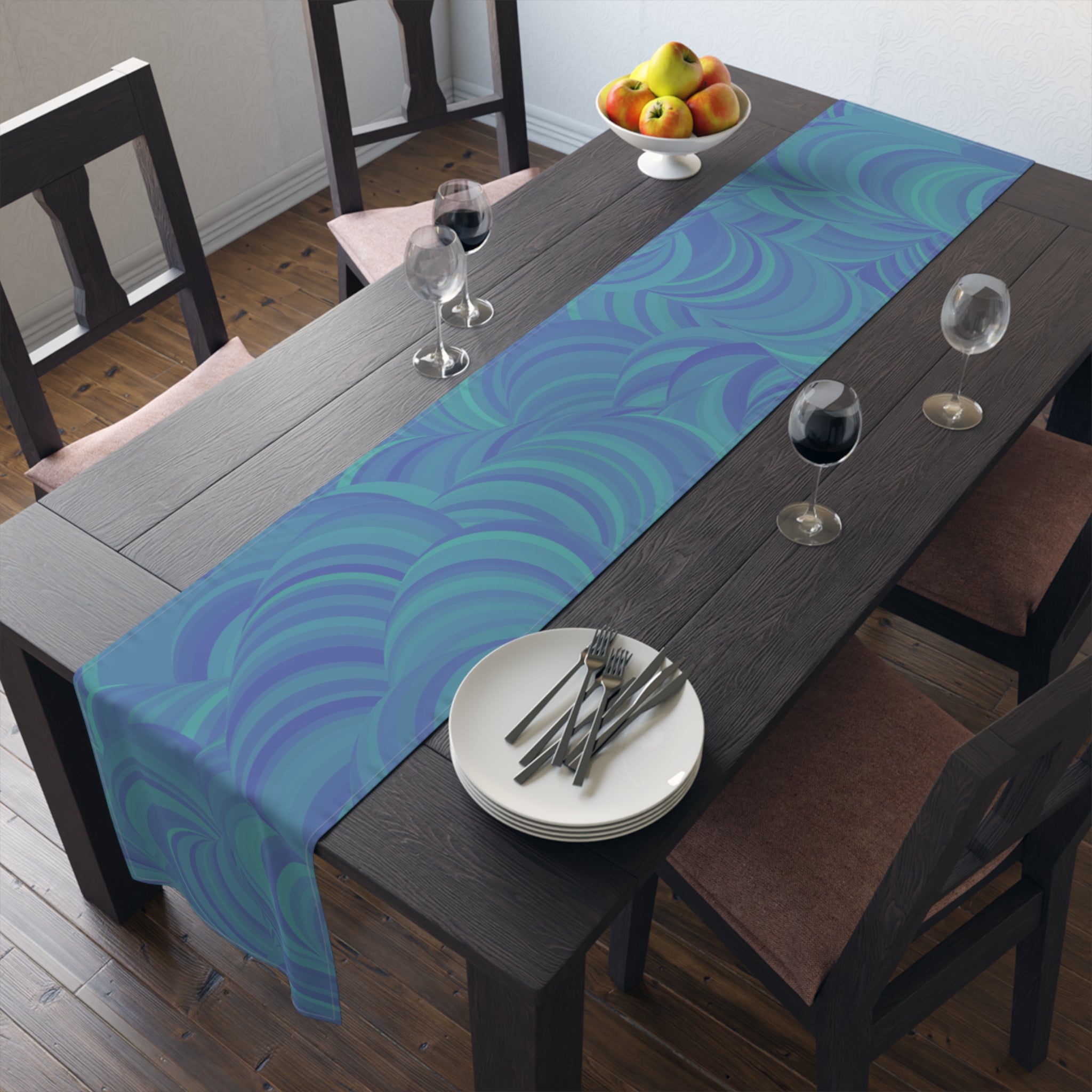 Blue Teal Swirl Table Runner — Abstract Coastal Pattern for Dining & Entertaining