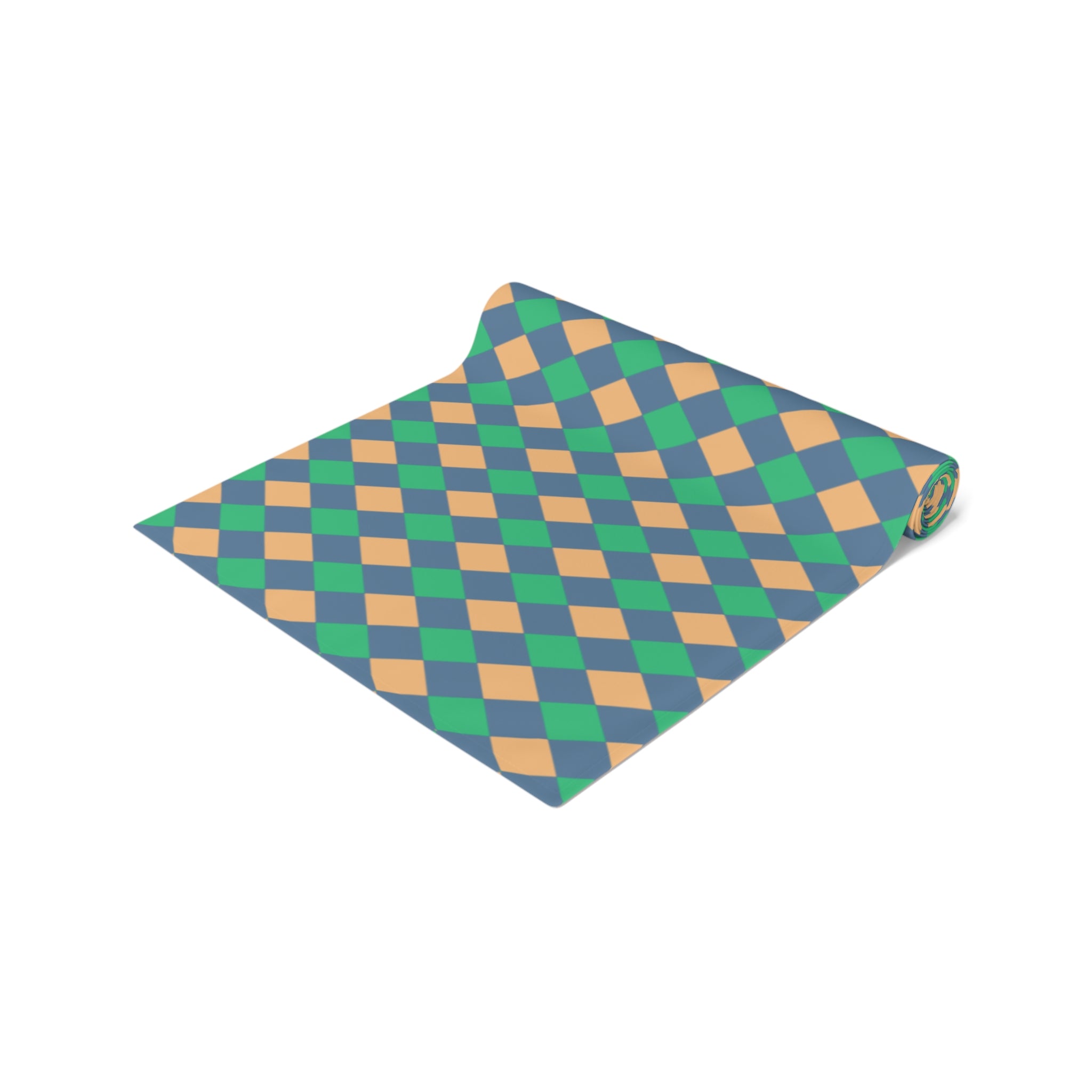 Diamond Check Table Runner — Retro Teal & Mustard Geometric Dining Decor