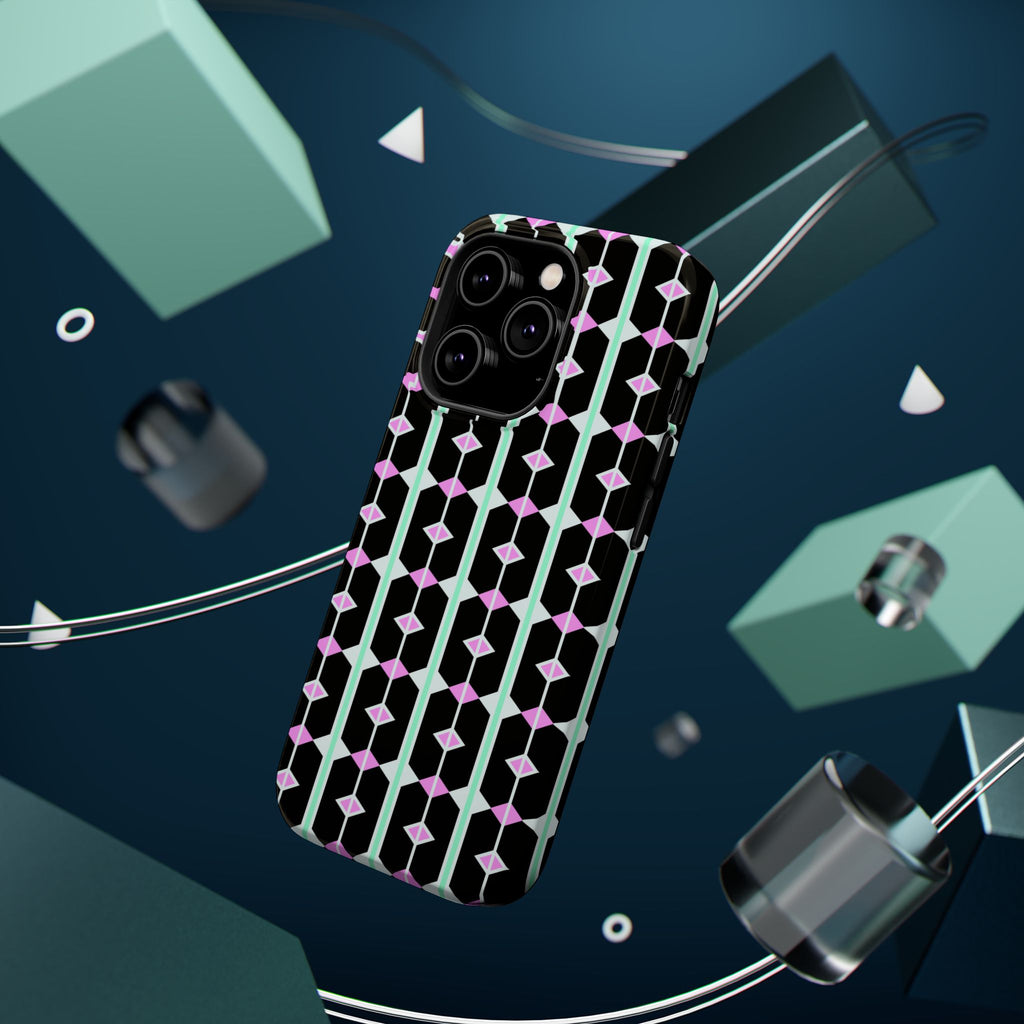Geom Stripe Magnetic Phone Case — Black with Mint & Lavender Pattern