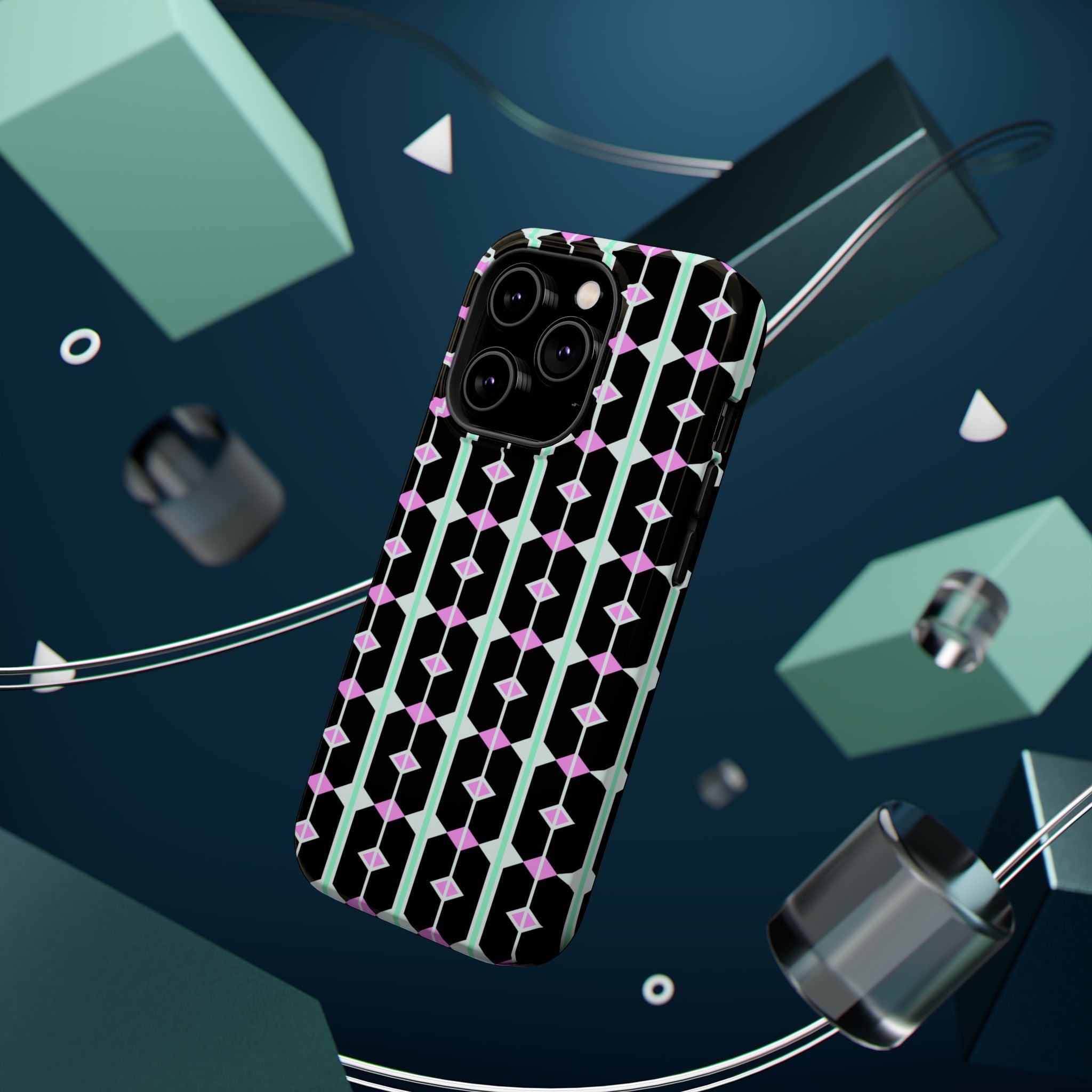 Geom Stripe Magnetic Phone Case — Black with Mint & Lavender Pattern
