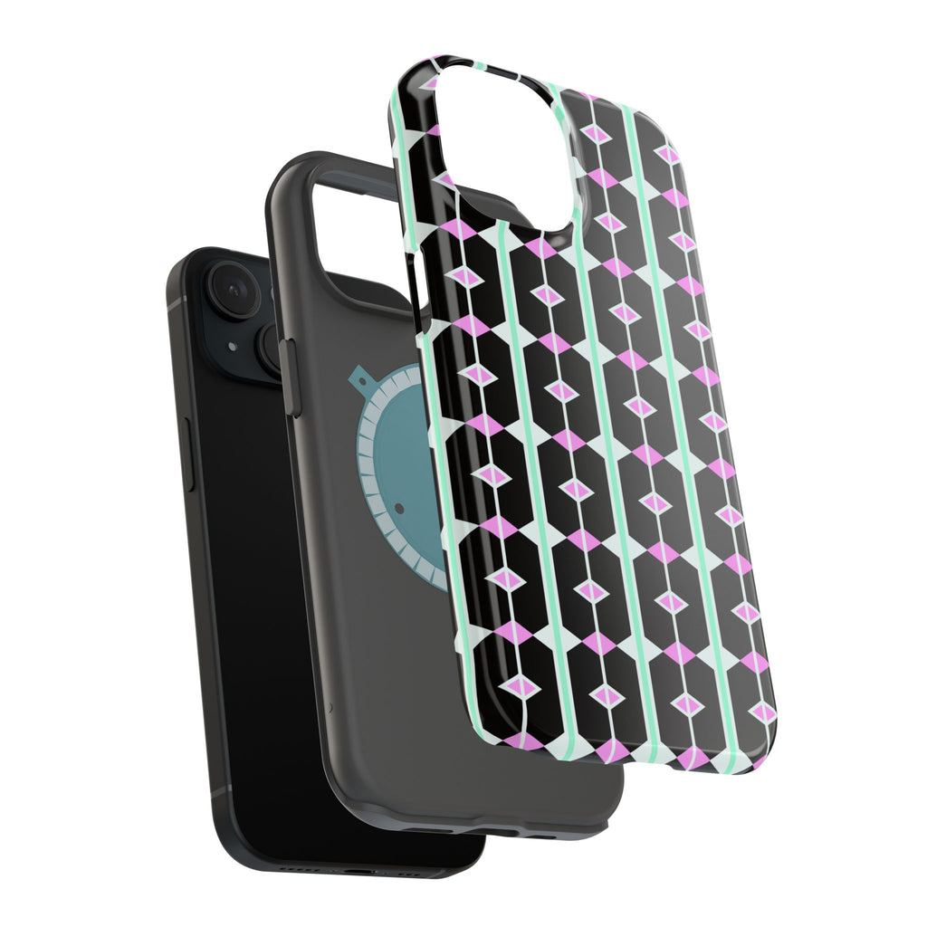 Geom Stripe Magnetic Phone Case — Black with Mint & Lavender Pattern