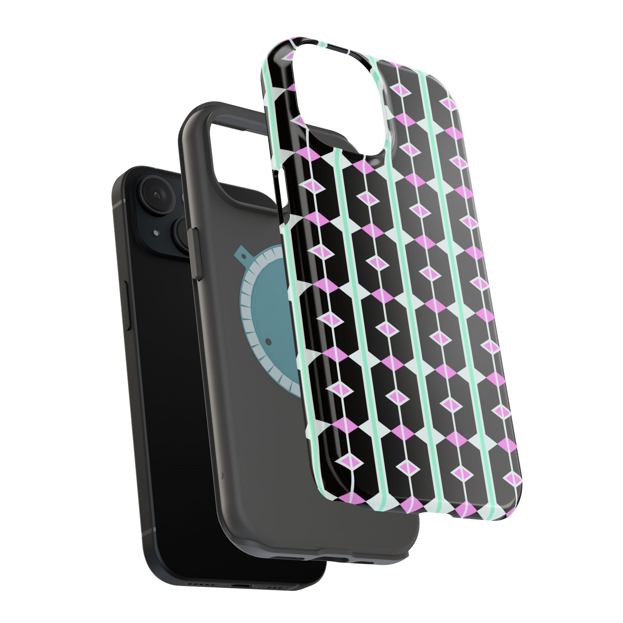 Geom Stripe Magnetic Phone Case — Black with Mint & Lavender Pattern