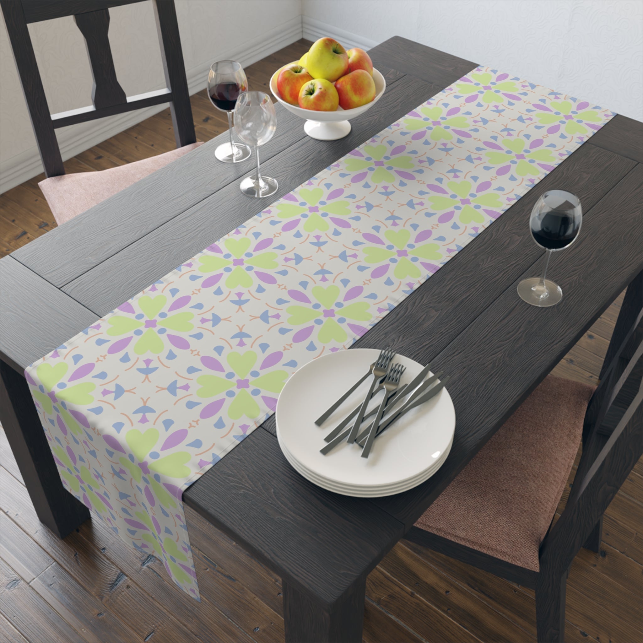 Pastel Floral Tile Table Runner — Spring Garden Dining Decor