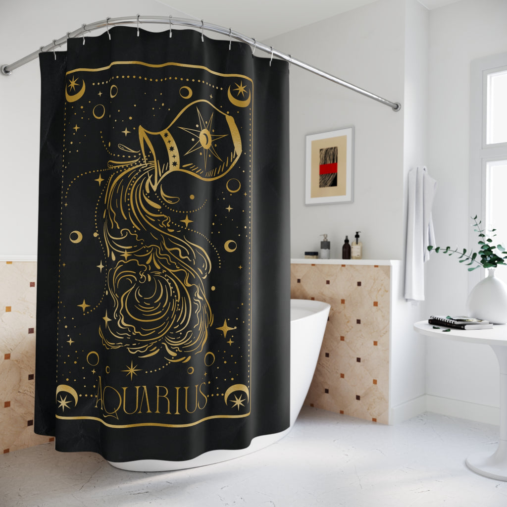 Aquarius Zodiac Shower Curtain — Gold Celestial Horoscope Bathroom Decor