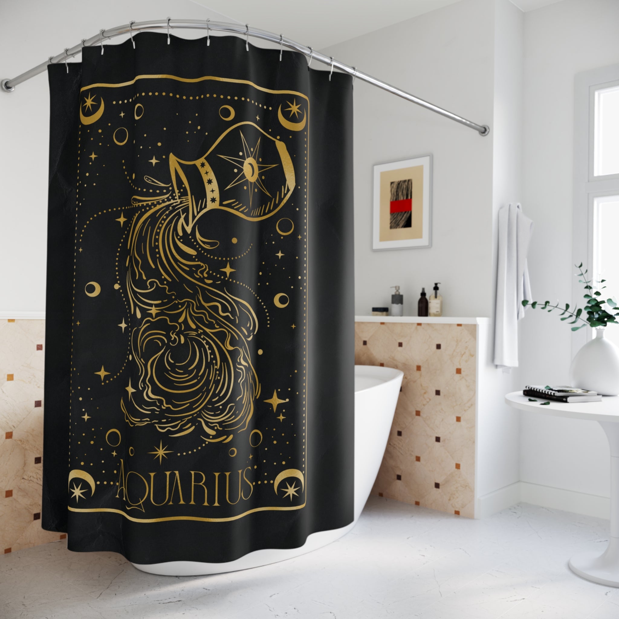 Aquarius Zodiac Shower Curtain — Gold Celestial Horoscope Bathroom Decor
