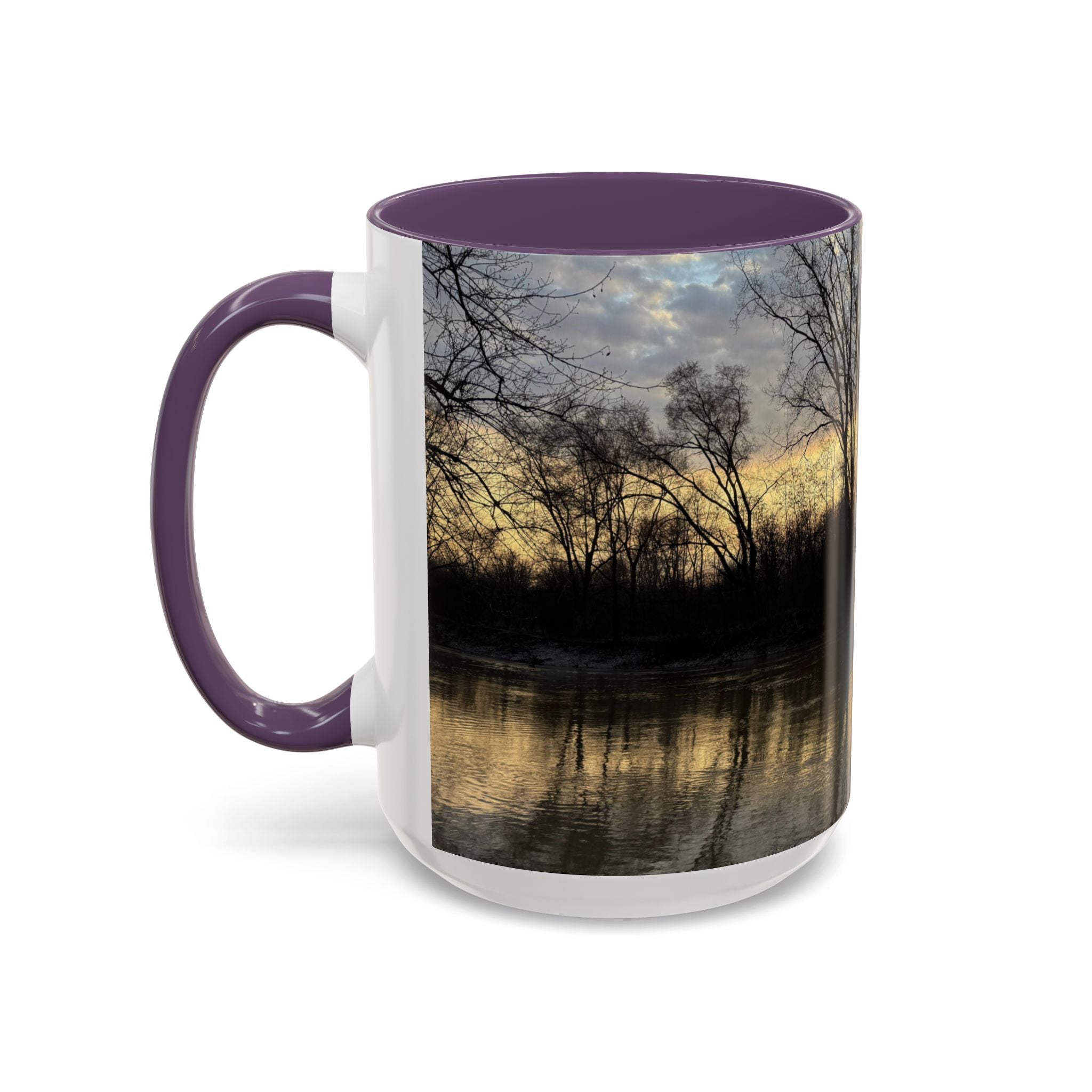 Sunset Reflection Coffee Mug — Forest Silhouette Accent Mug