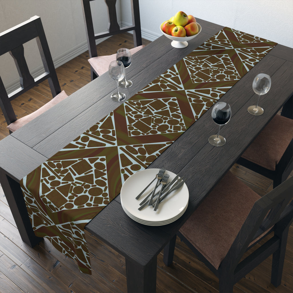 Geometric Mosaic Table Runner — Brown & Sage Decorative Dining Accent