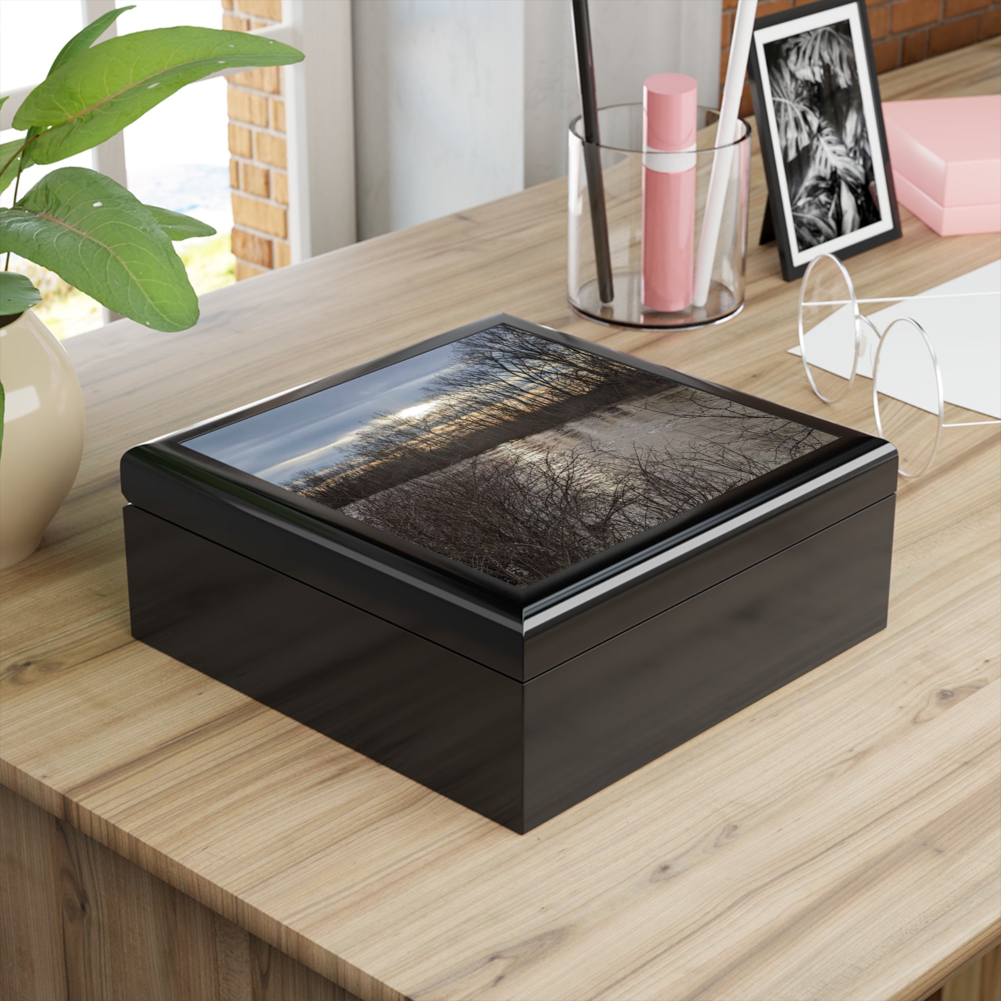 Scenic Winter Lake Jewelry Box – Sunset Reflections Keepsake Box
