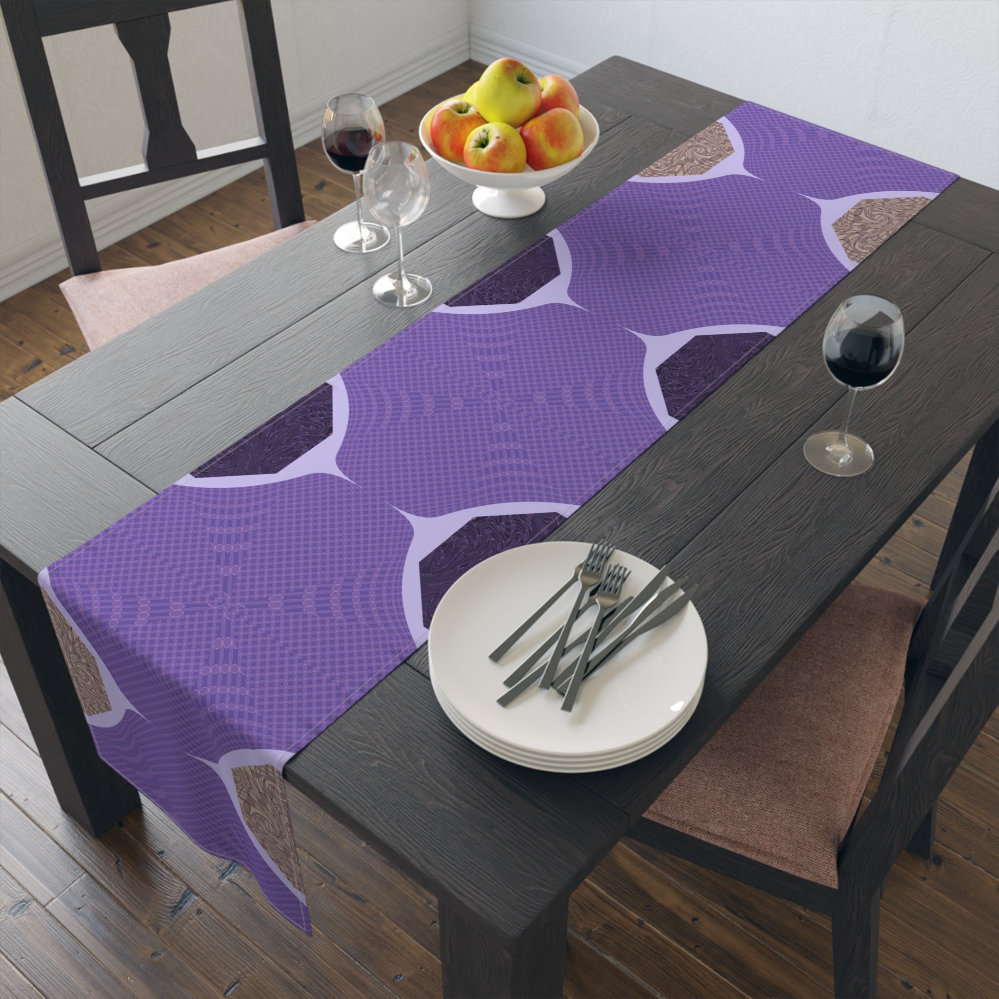 Purple Geometric Table Runner — Modern Abstract Dining Accent