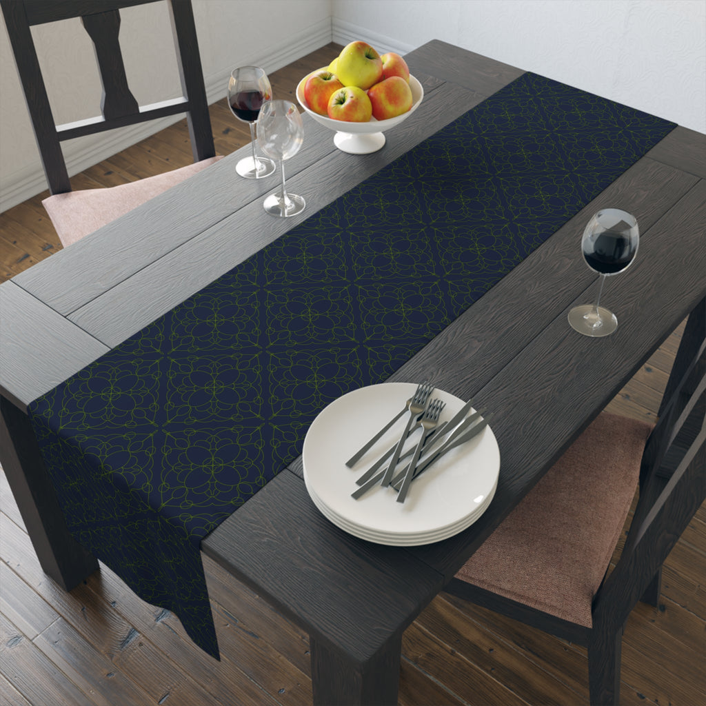 Geometric Starry Night Table Runner — Navy & Lime Cotton-Poly Blend