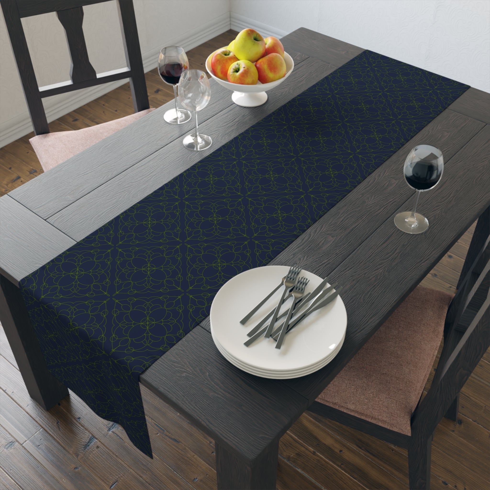 Geometric Starry Night Table Runner — Navy & Lime Cotton-Poly Blend