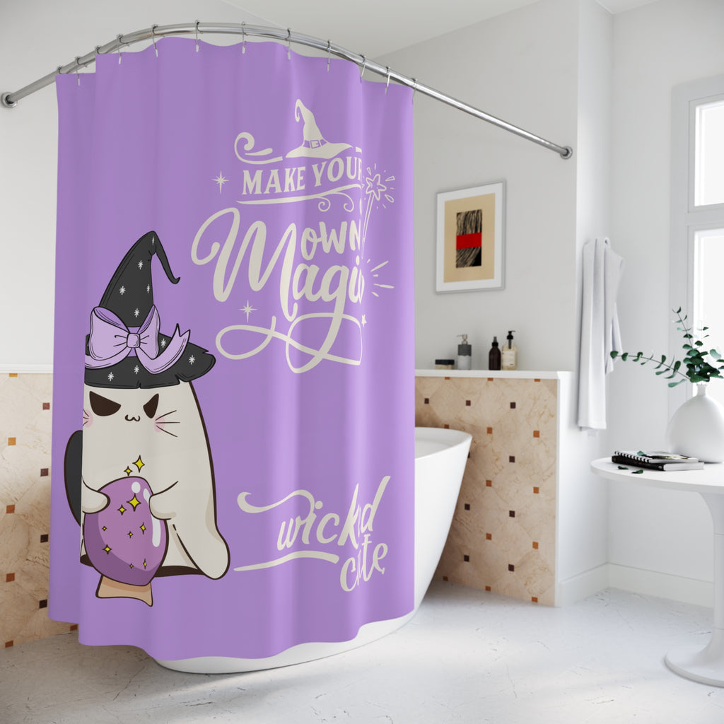 Wicked Cute Witch Cat Shower Curtain — "Make Your Own Magic" Purple Halloween Decor