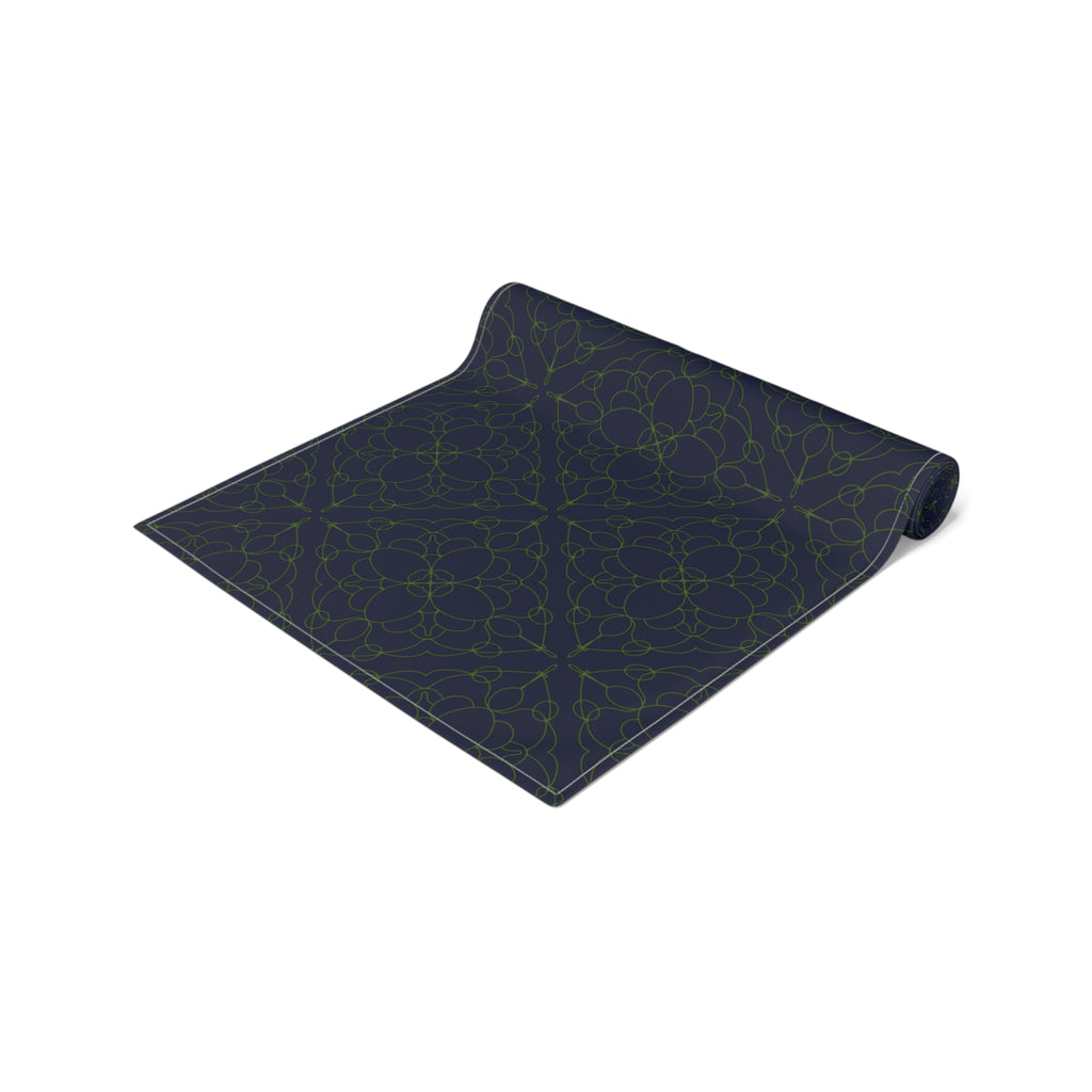 Geometric Starry Night Table Runner — Navy & Lime Cotton-Poly Blend