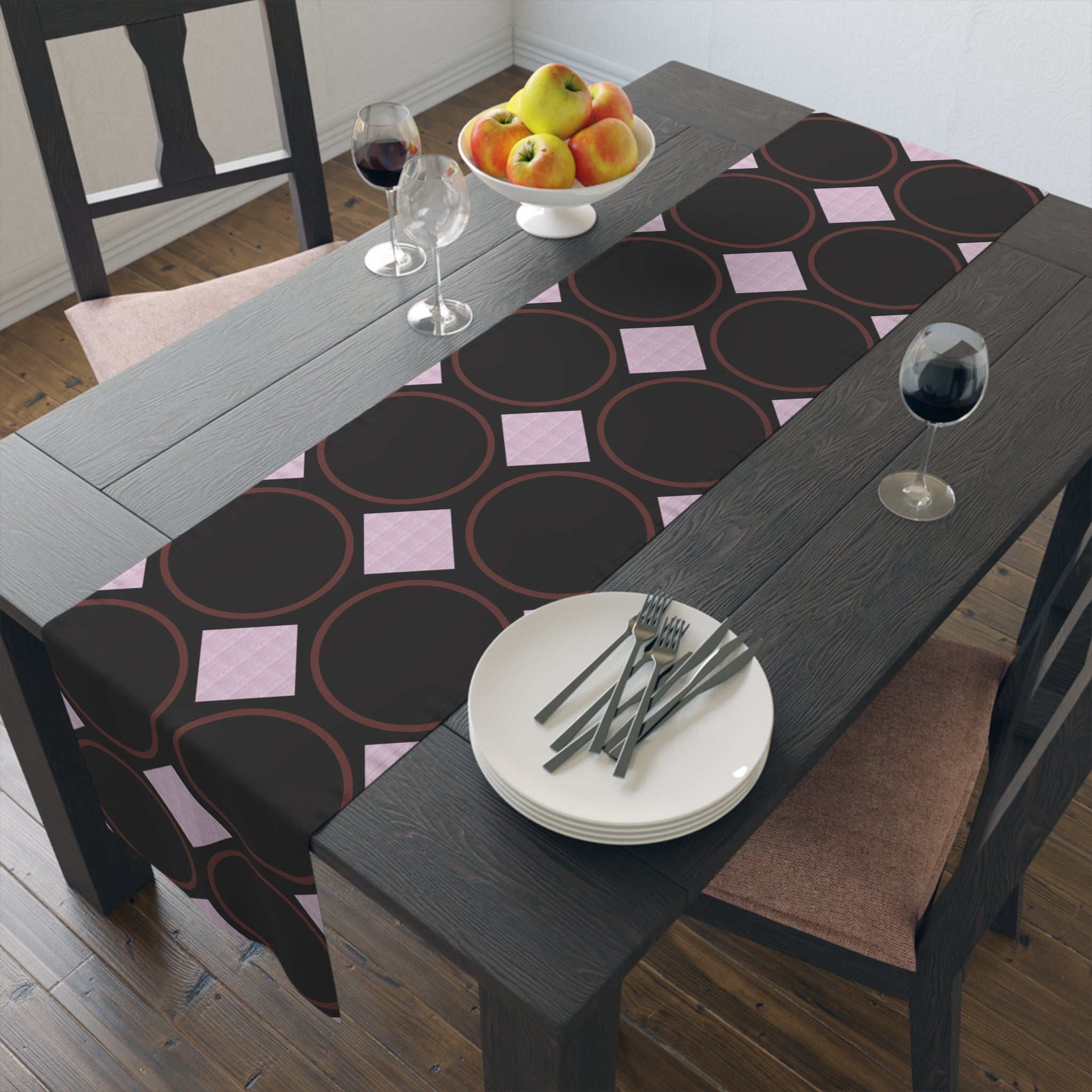 Modern Geo Circle Table Runner — Black & Blush Retro Pattern