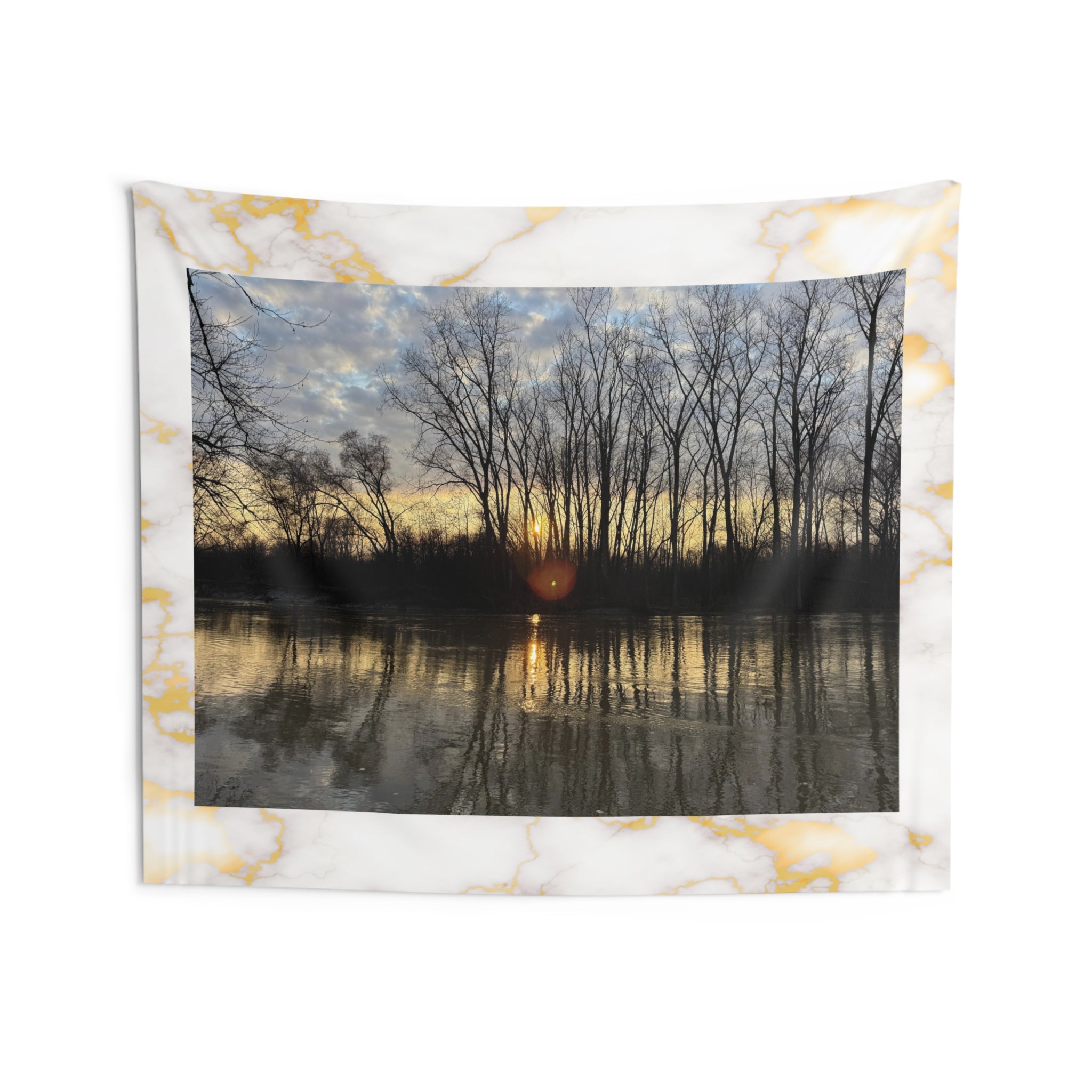 Sunset Lake Tapestry — Tranquil Forest Reflection Wall Hanging