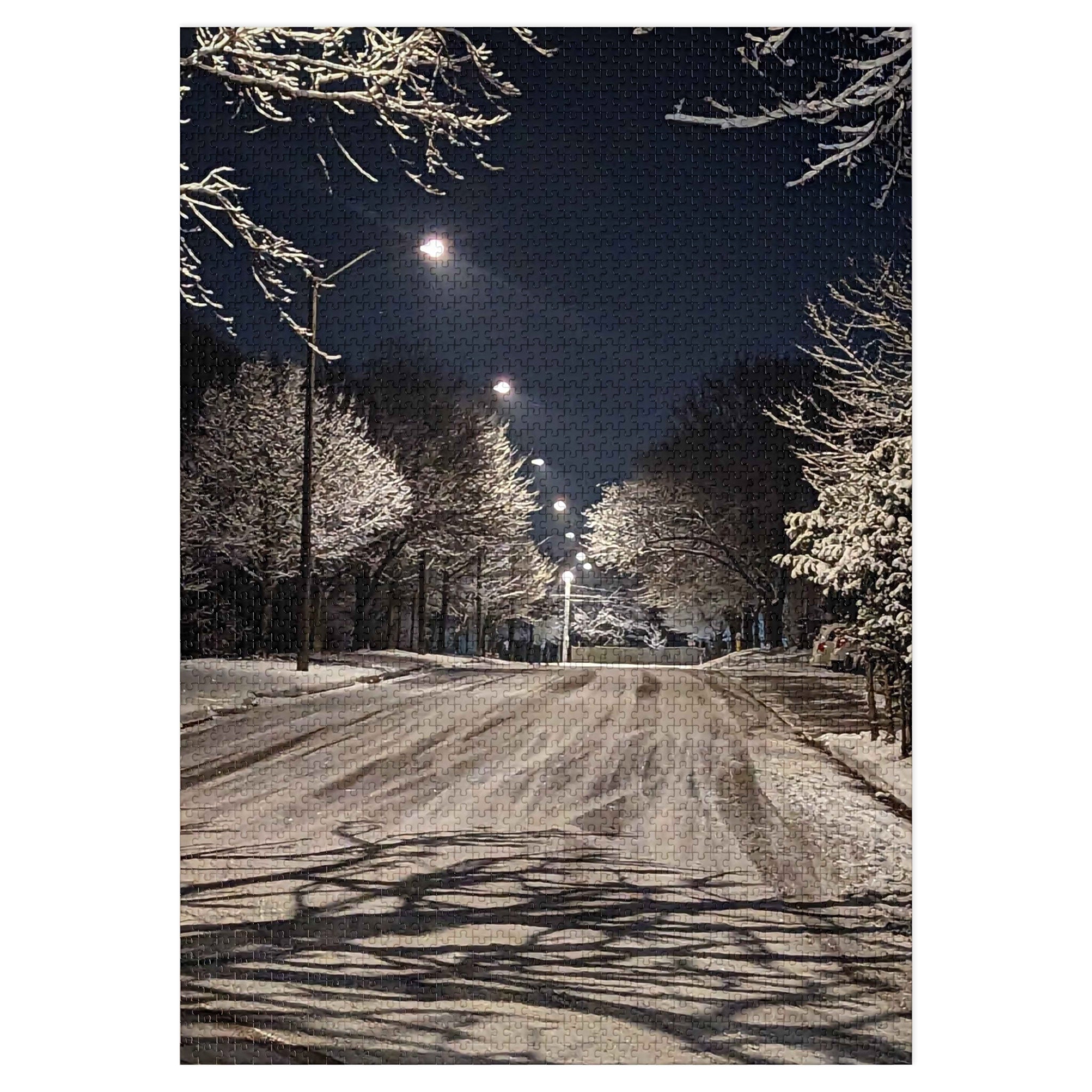 Snowy Winter Night Street Jigsaw Puzzle with Tin