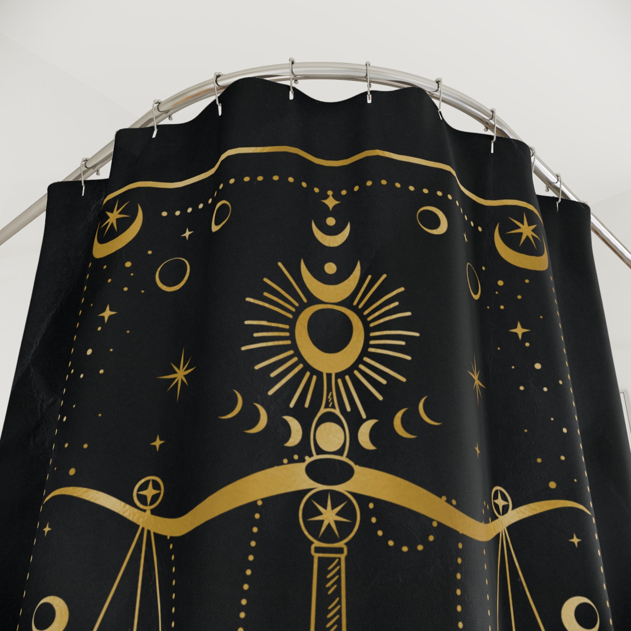 Libra Zodiac Shower Curtain — Gold Scales Celestial Astrology Bathroom Decor