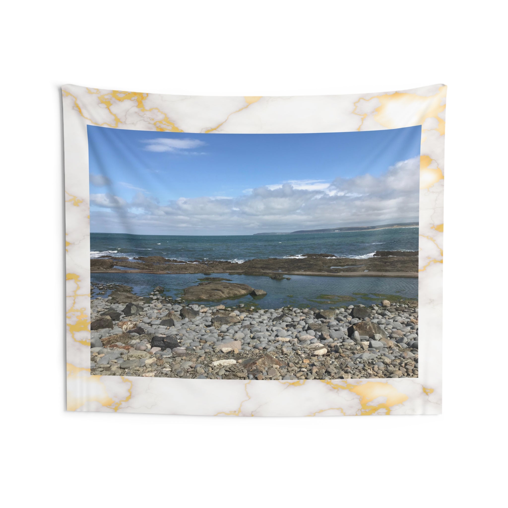 Coastal Pebble Beach in Devon, England Tapestry — Seaside Wall Art with Marble Border