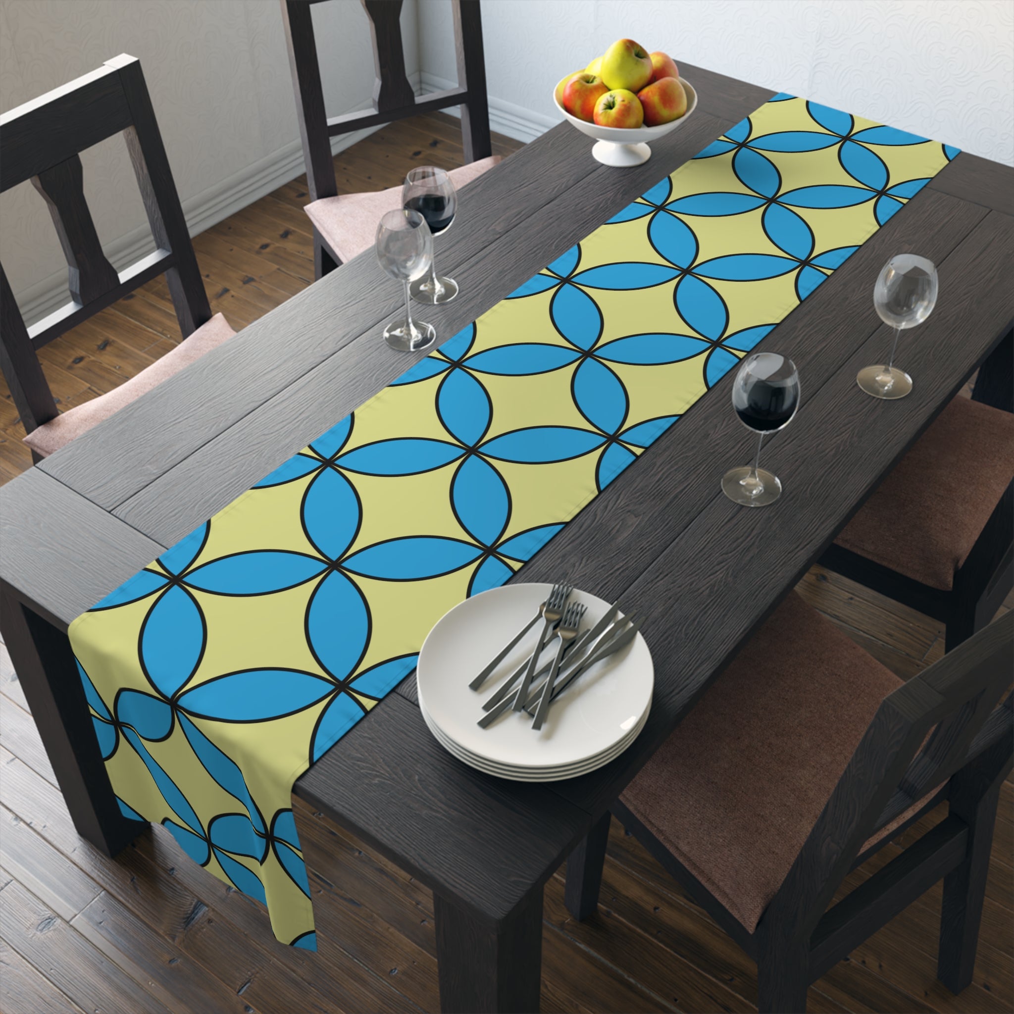Geometric Blossom Table Runner — Blue & Lime Retro Pattern