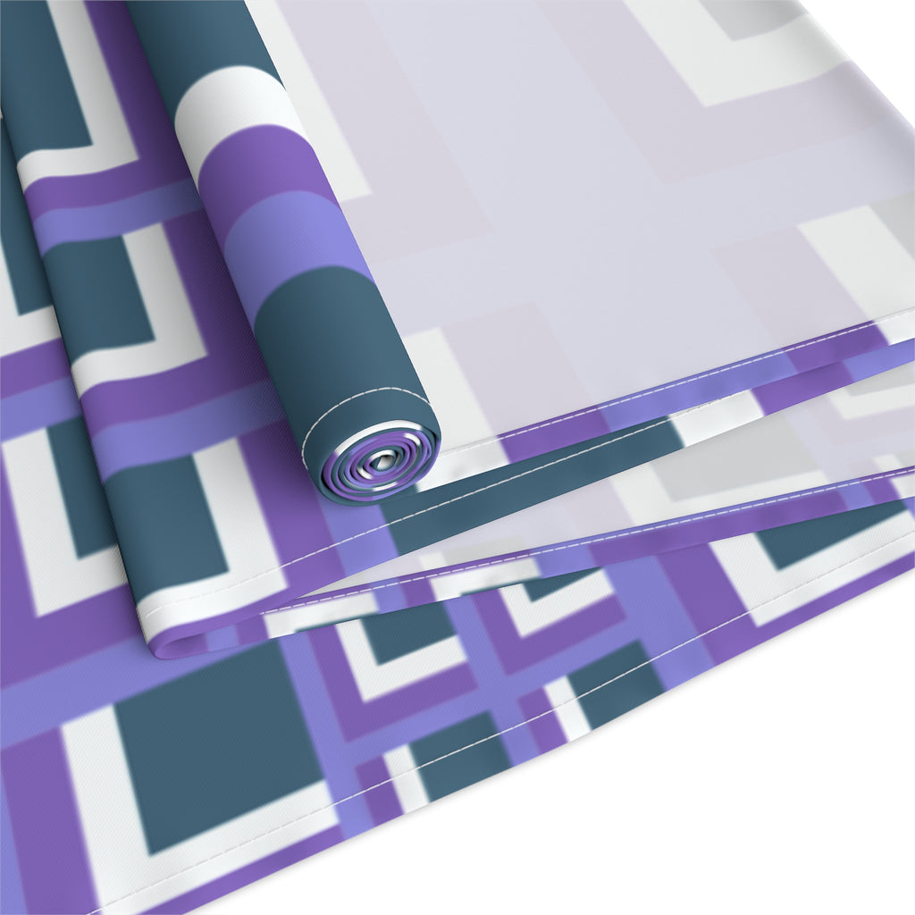 Geometric Purple Square Table Runner — Modern Retro Pattern Cotton-Poly Blend