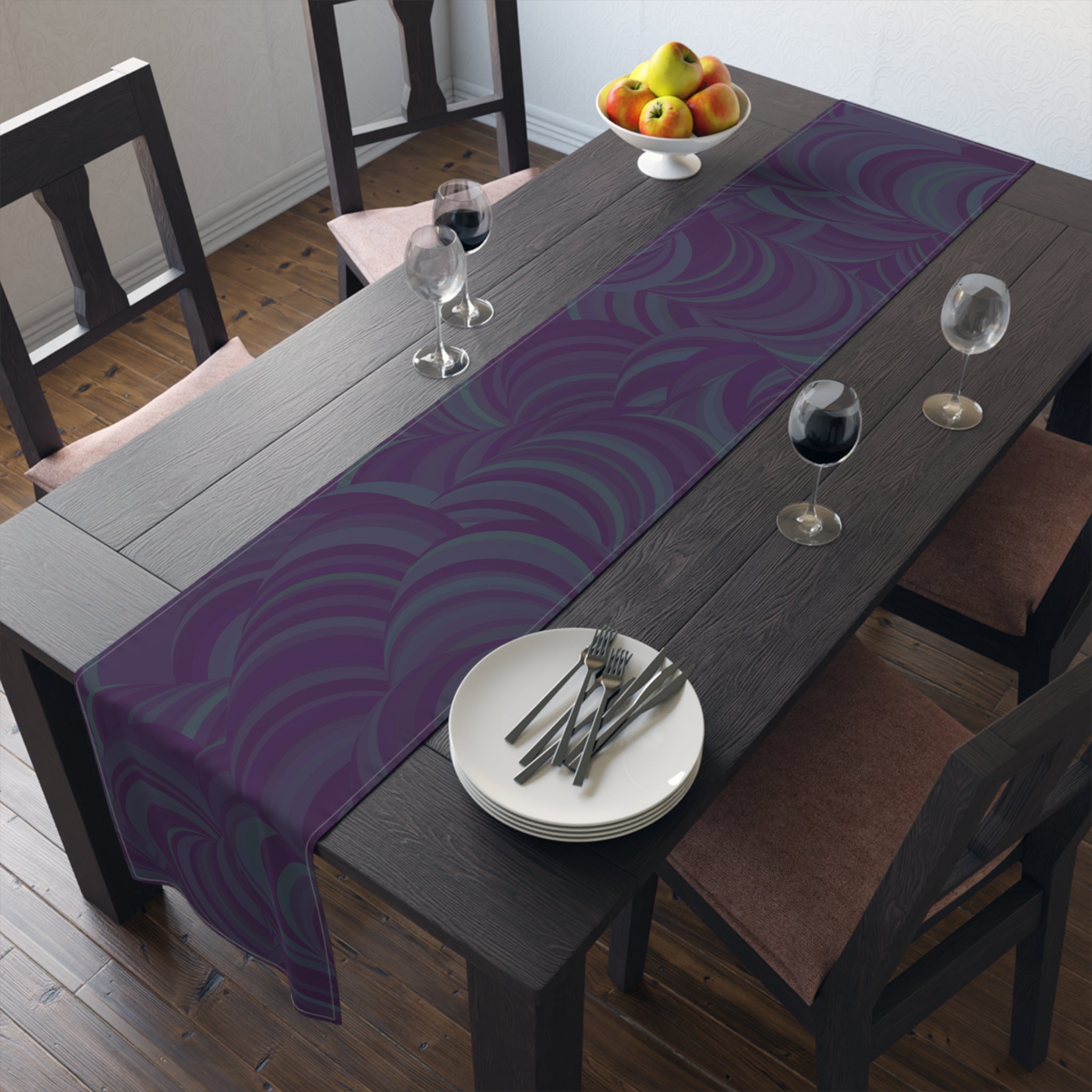 Purple Swirl Table Runner — Abstract Floral Pattern Dining Decor