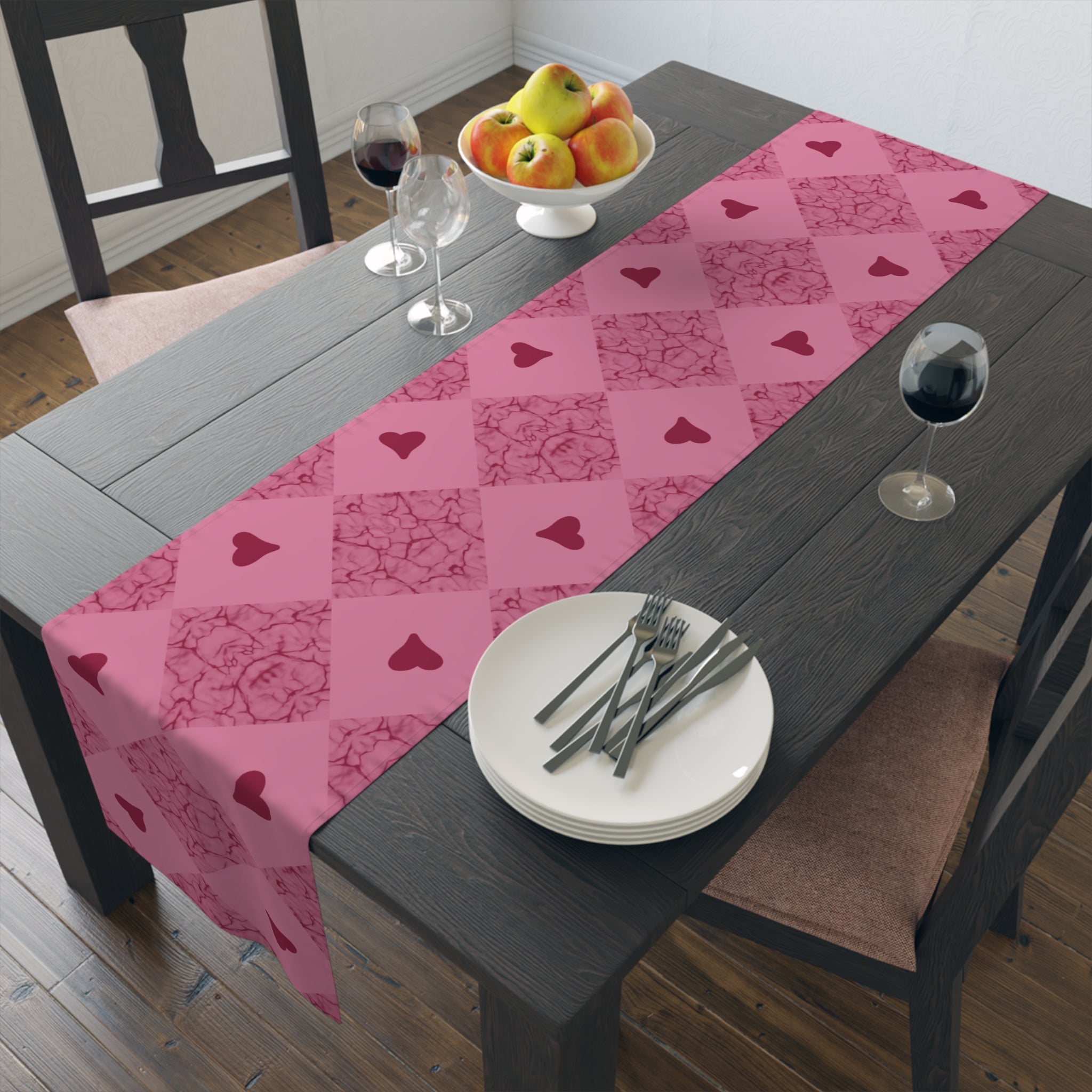 Pink Heart Patchwork Table Runner - Romantic Valentine Dining Decor
