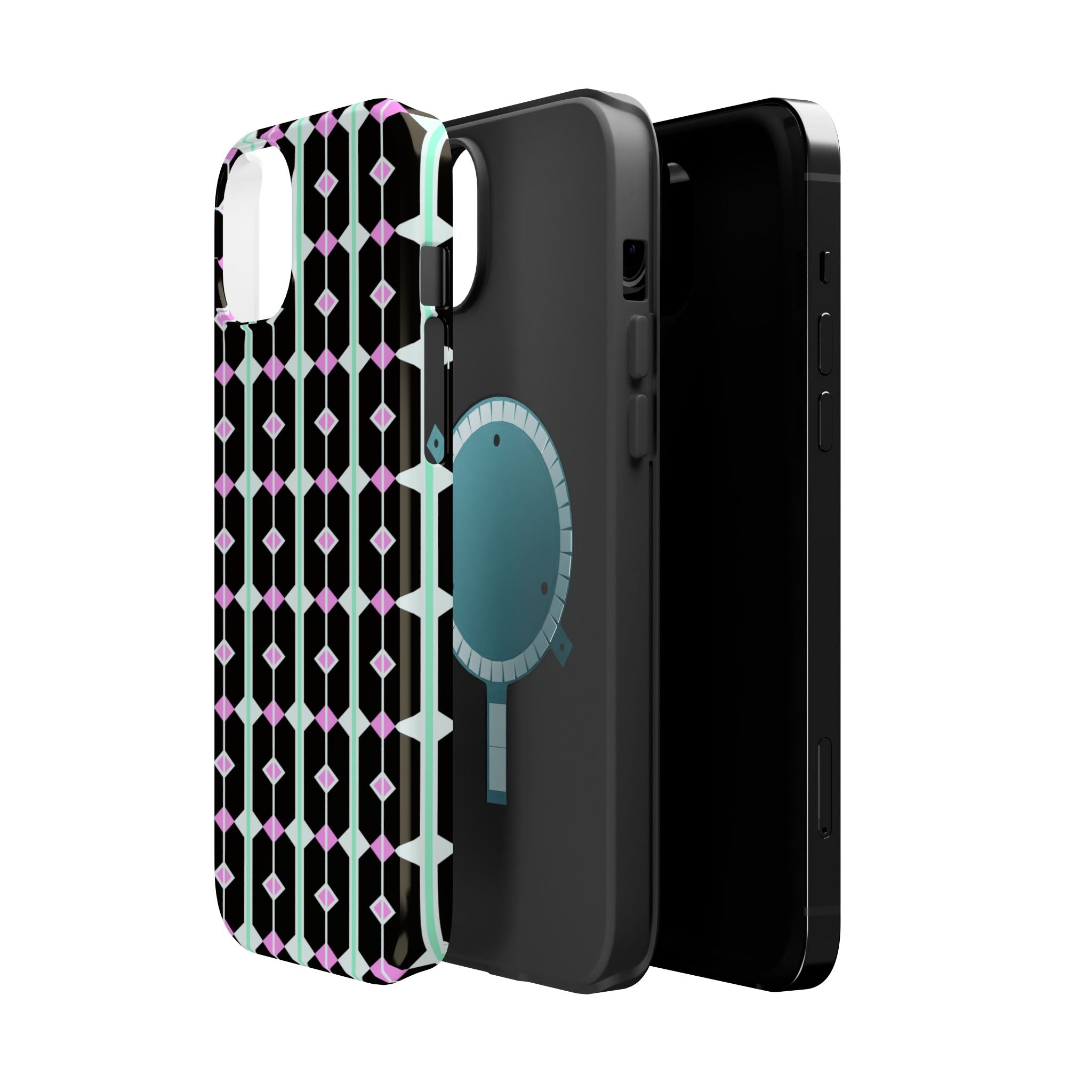 Geom Stripe Magnetic Phone Case — Black with Mint & Lavender Pattern
