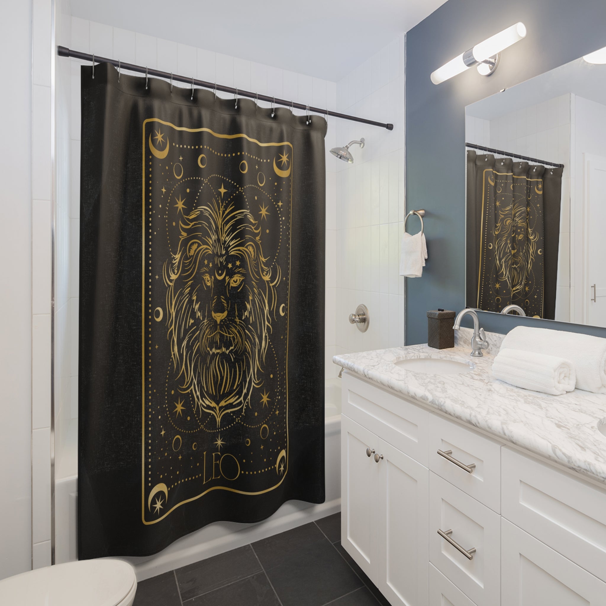 Leo Zodiac Lion Shower Curtain — Gold Astrological Bathroom Decor