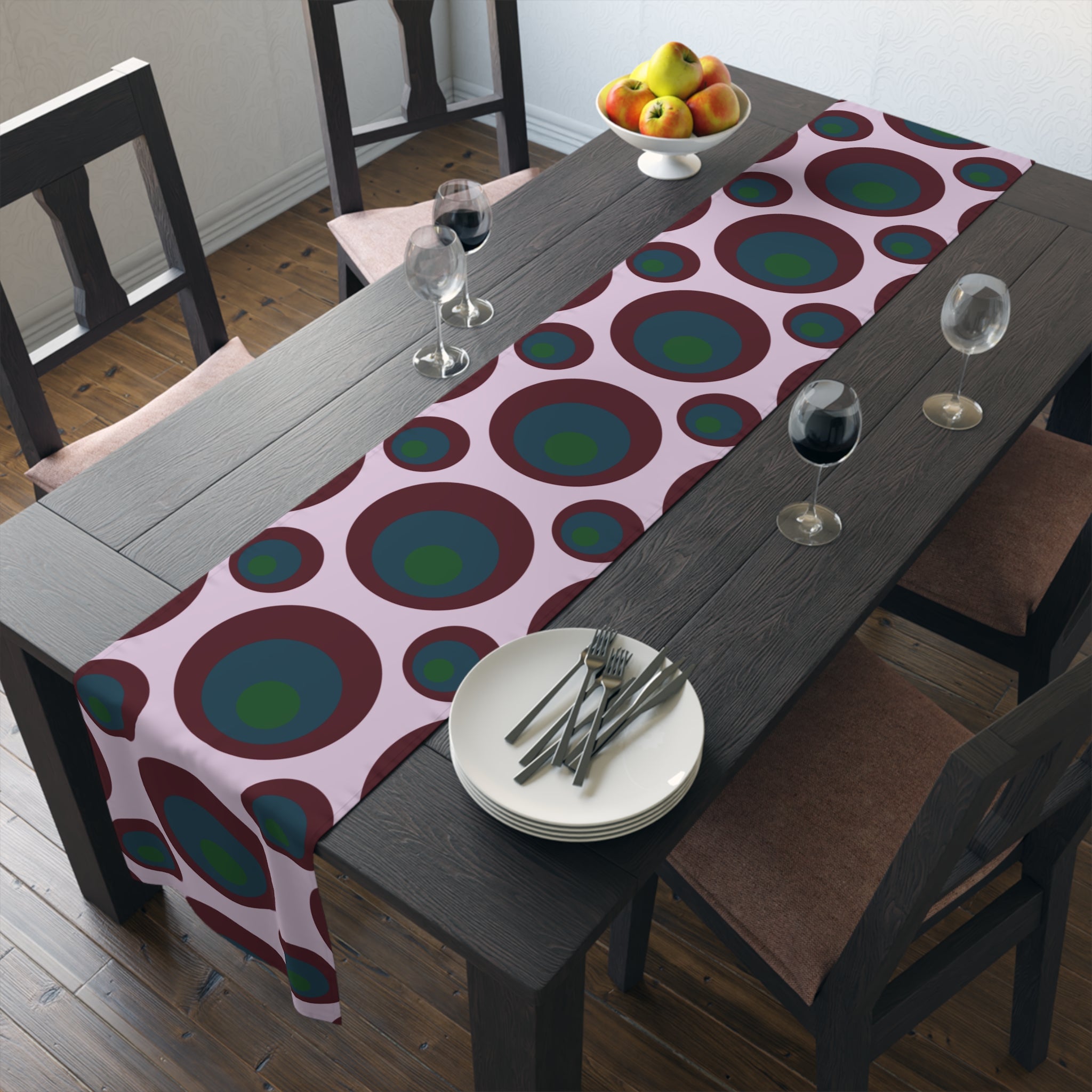 Retro Polka Dot Table Runner — Midcentury Circles Cotton-Poly Dining Accent