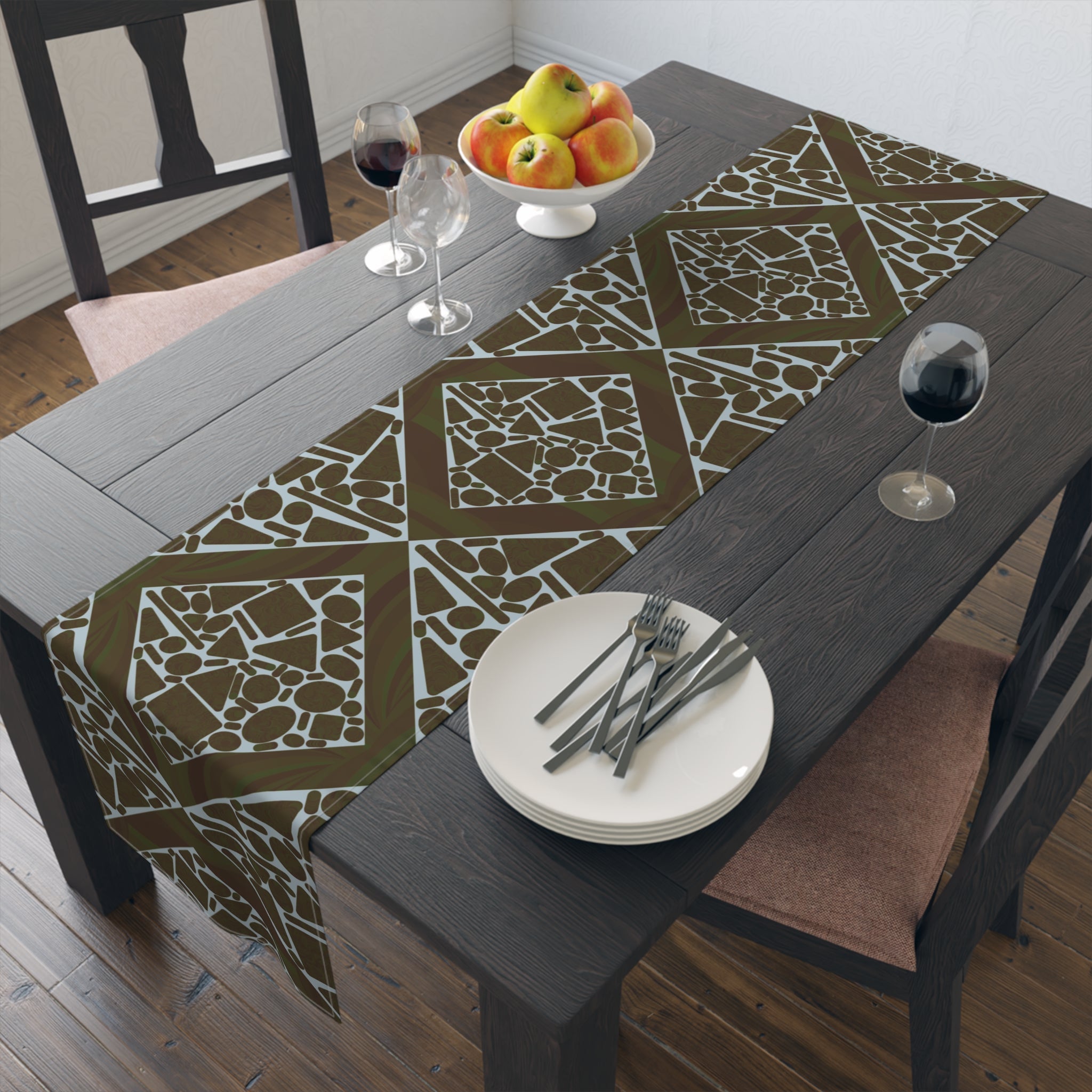 Geometric Mosaic Table Runner — Brown & Sage Decorative Dining Accent