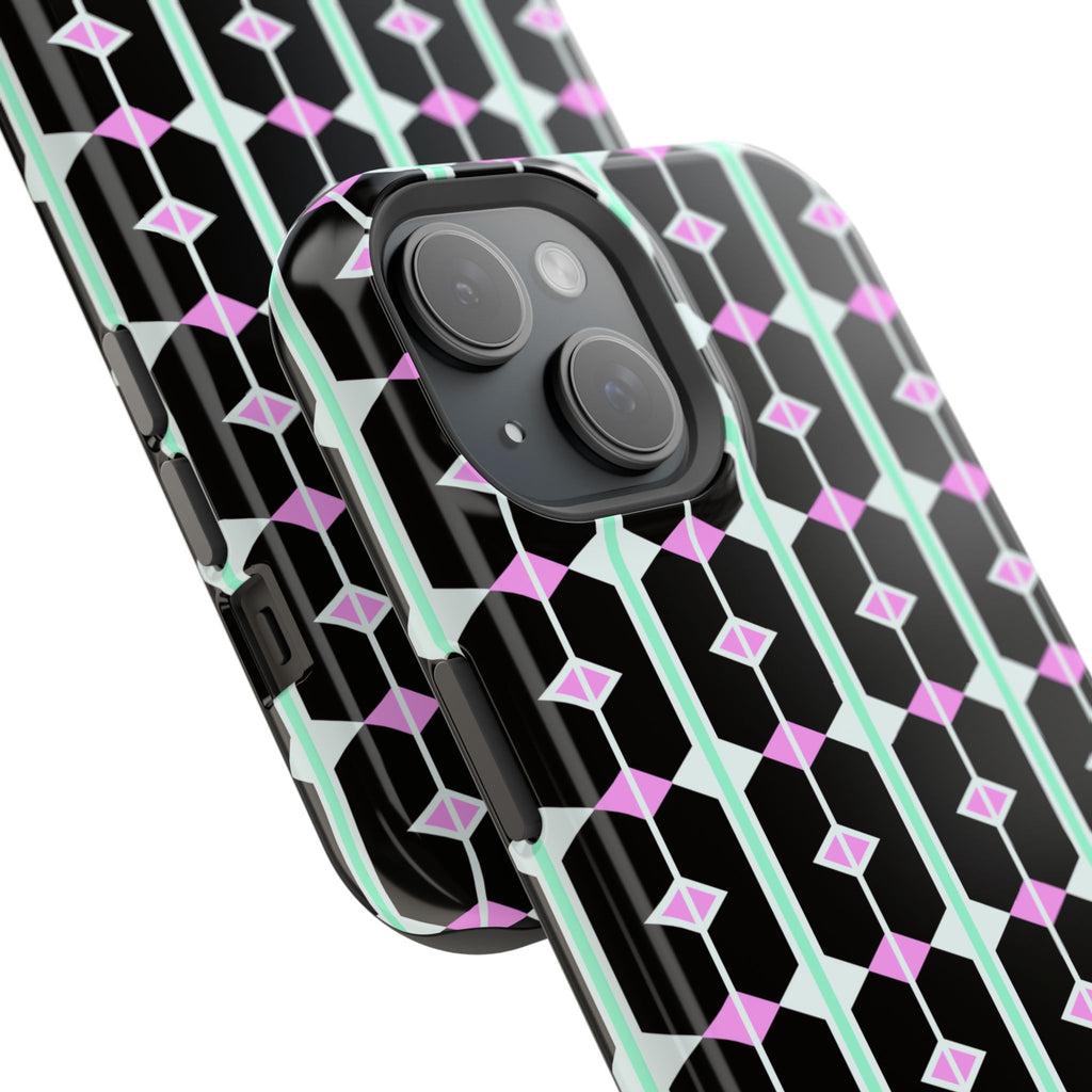 Geom Stripe Magnetic Phone Case — Black with Mint & Lavender Pattern