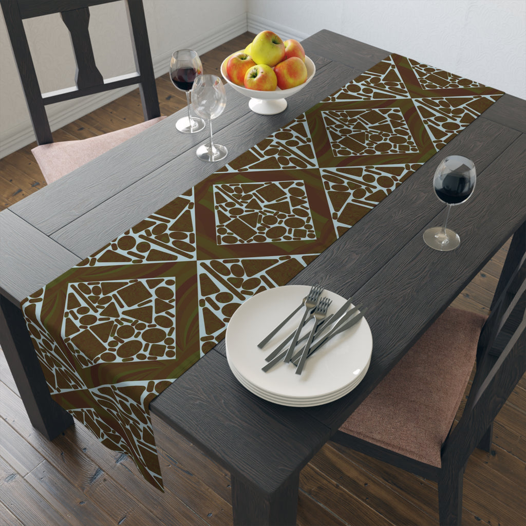 Geometric Mosaic Table Runner — Brown & Sage Decorative Dining Accent