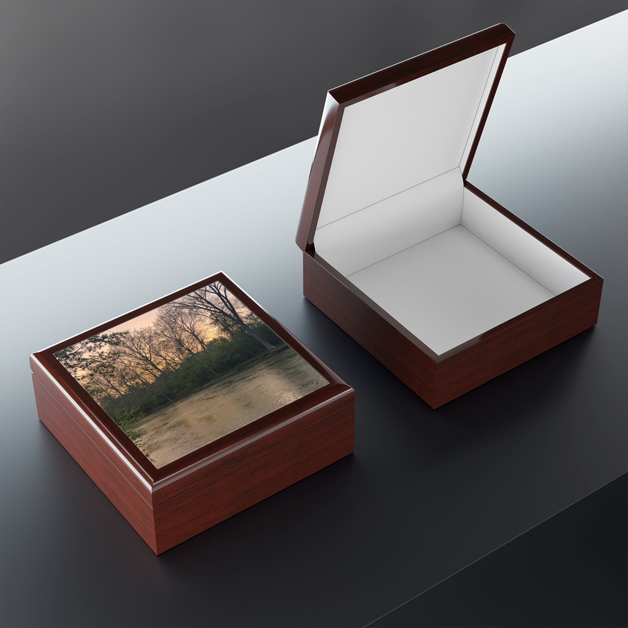Scenic River Sunset Jewelry Box - Elegant Lacquer Keepsake