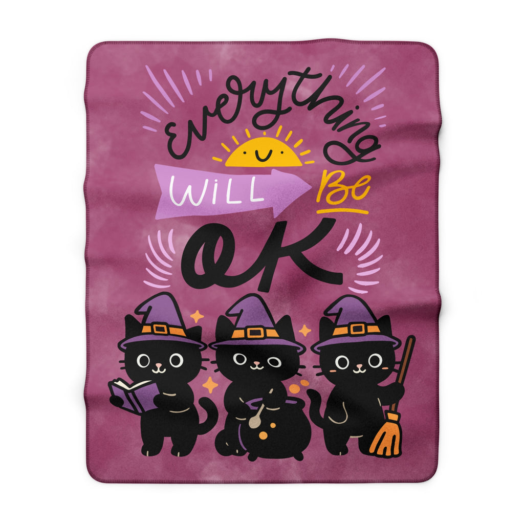 Everything Will Be OK Sherpa Blanket — Cute Witch Cat Cozy Throw
