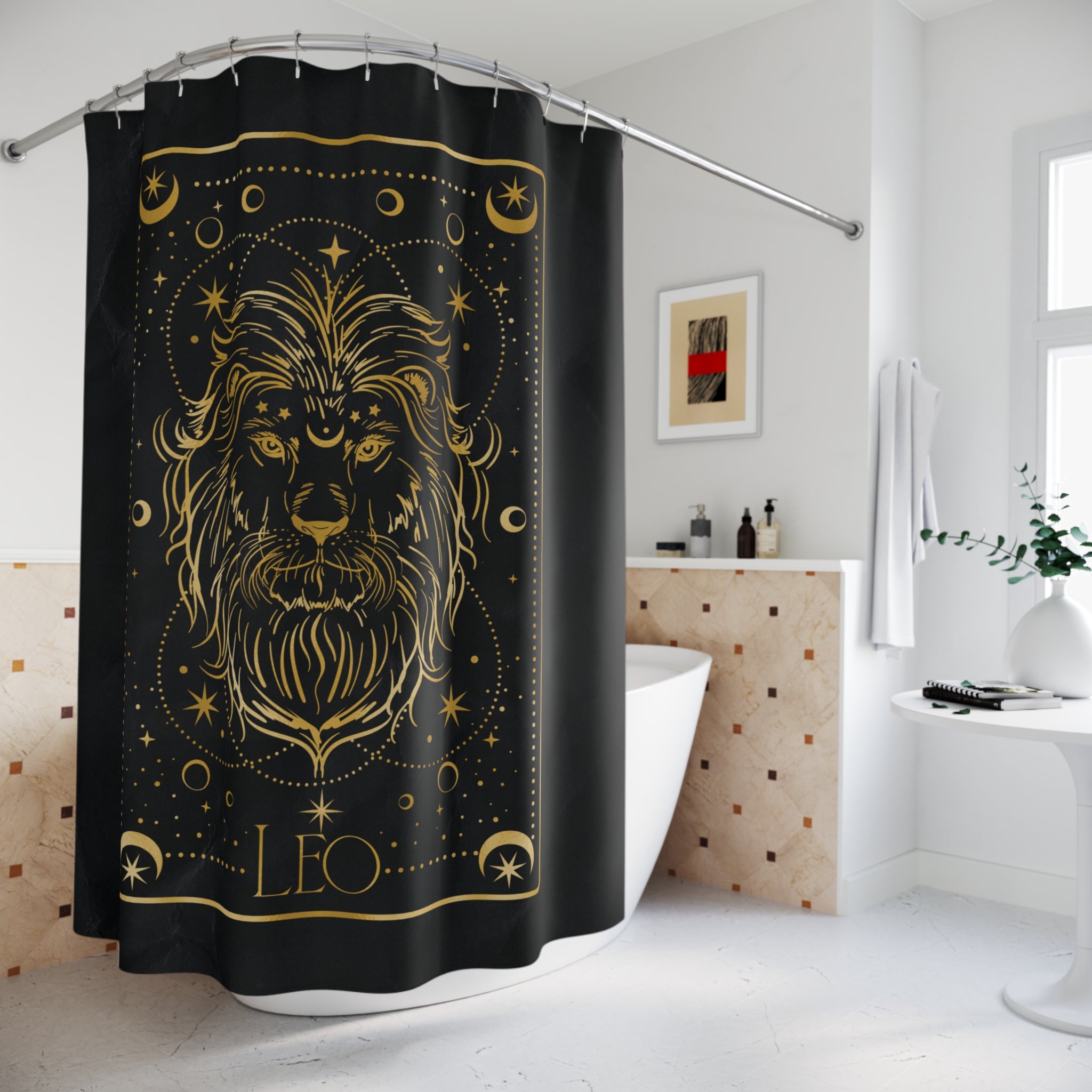 Leo Zodiac Lion Shower Curtain — Gold Astrological Bathroom Decor